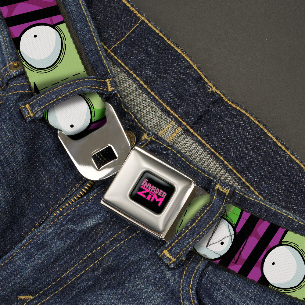 INVADER ZIM Title Logo Full Color Pink/Green Seatbelt Belt - Invader Zim GIR Eyes Close-Up Stripe Black/Purple Webbing Seatbelt Belts Invader Zim