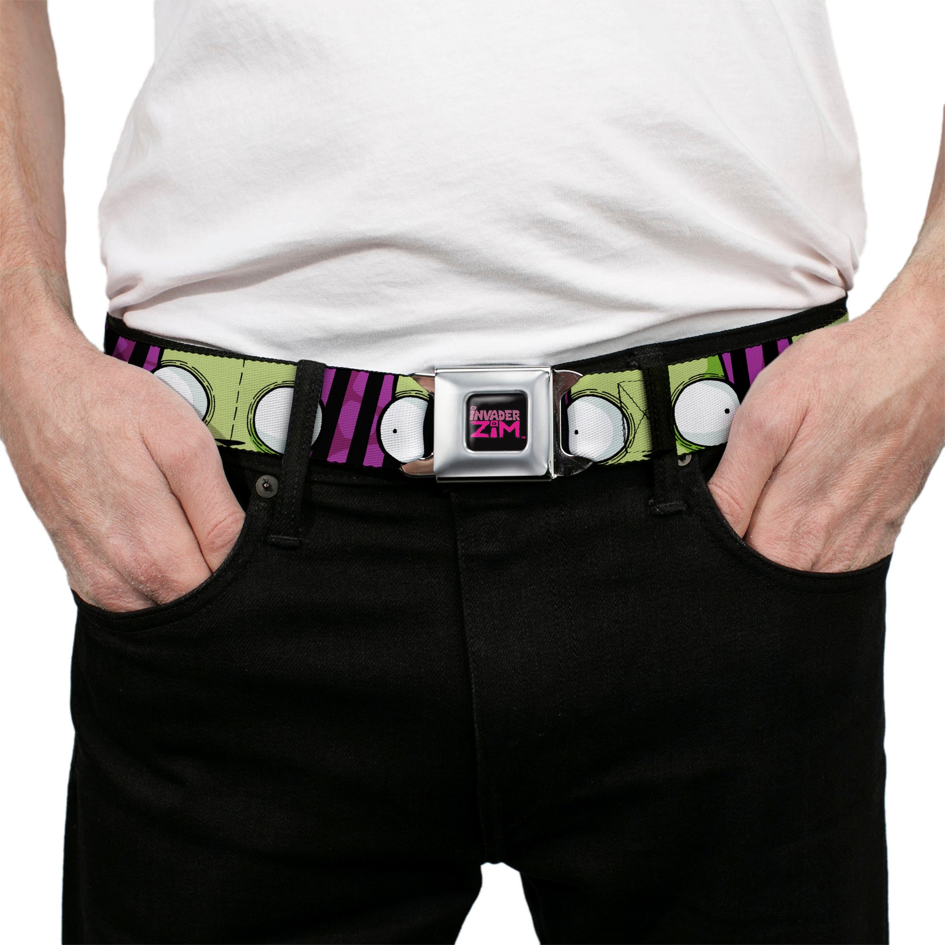 INVADER ZIM Title Logo Full Color Pink/Green Seatbelt Belt - Invader Zim GIR Eyes Close-Up Stripe Black/Purple Webbing Seatbelt Belts Invader Zim