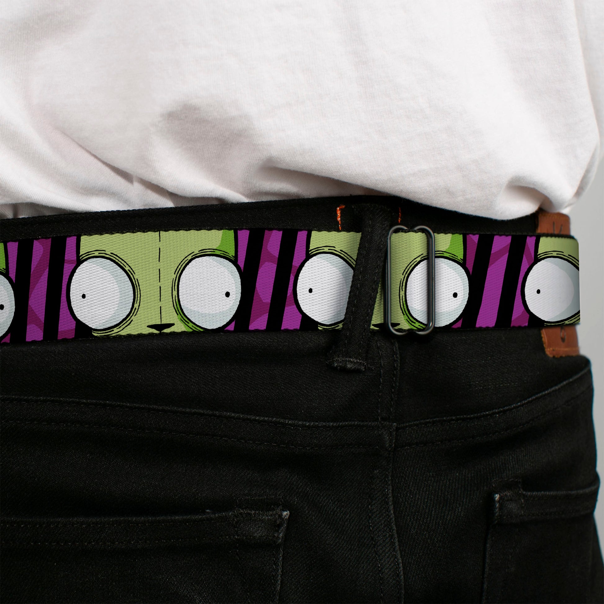 INVADER ZIM Title Logo Full Color Pink/Green Seatbelt Belt - Invader Zim GIR Eyes Close-Up Stripe Black/Purple Webbing Seatbelt Belts Invader Zim