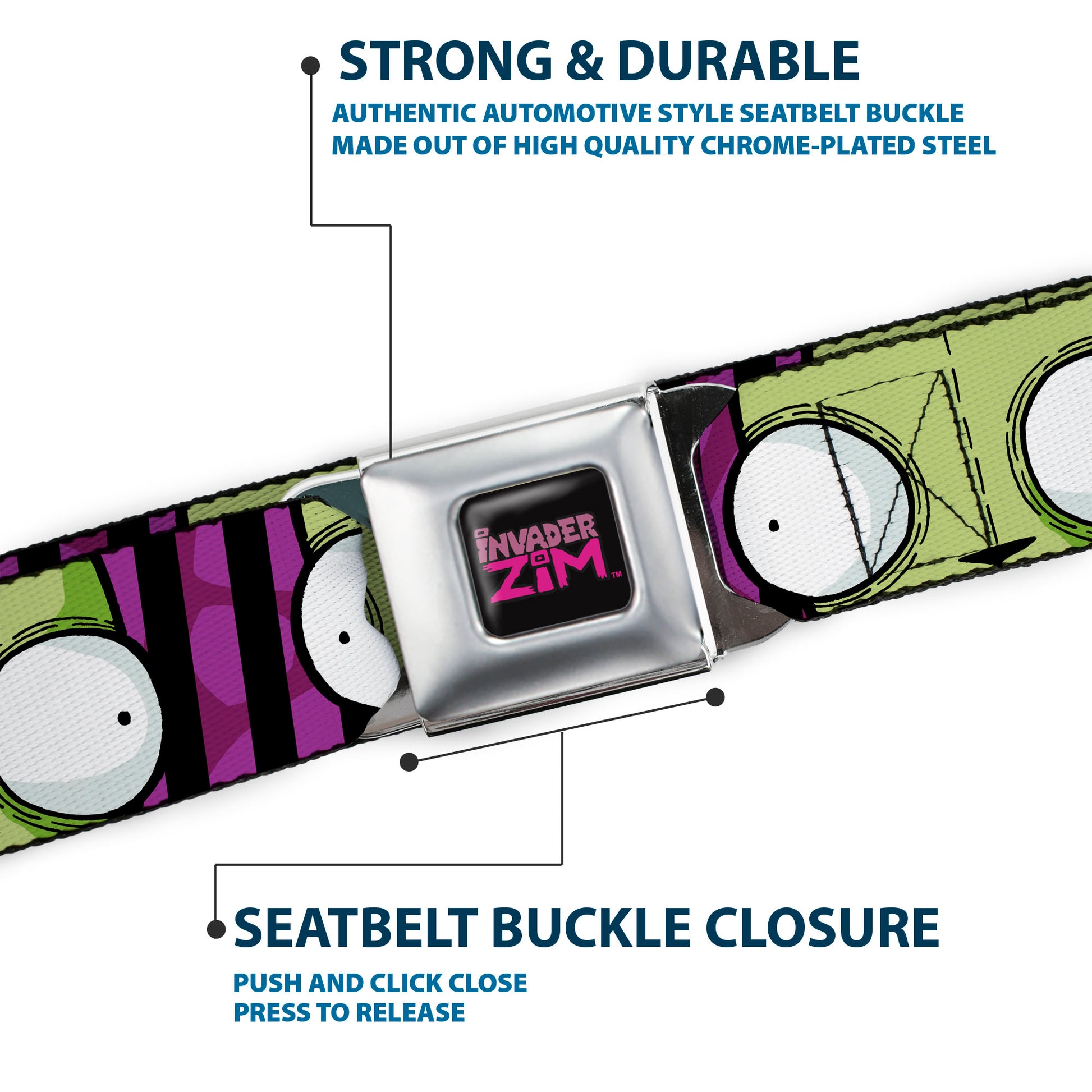 INVADER ZIM Title Logo Full Color Pink/Green Seatbelt Belt - Invader Zim GIR Eyes Close-Up Stripe Black/Purple Webbing Seatbelt Belts Invader Zim