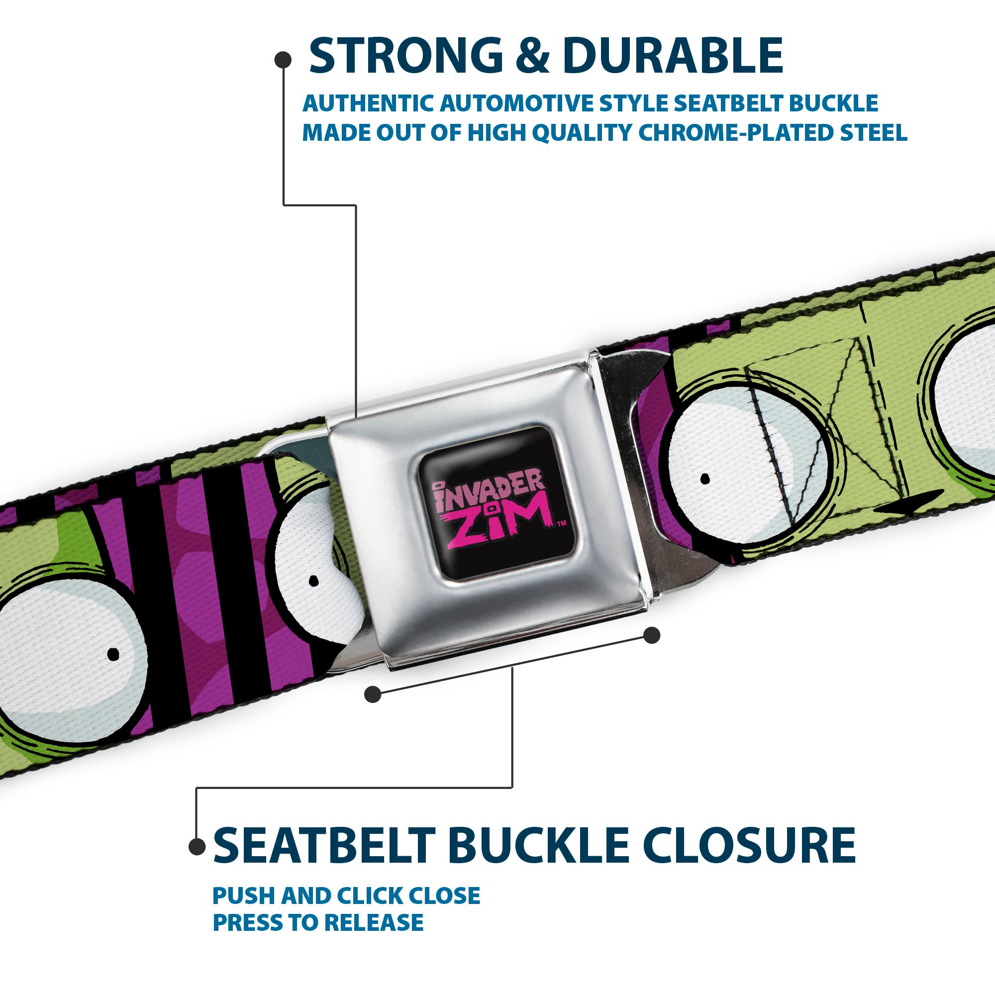 INVADER ZIM Title Logo Full Color Pink/Green Seatbelt Belt - Invader Zim GIR Eyes Close-Up Stripe Black/Purple Webbing Seatbelt Belts Invader Zim