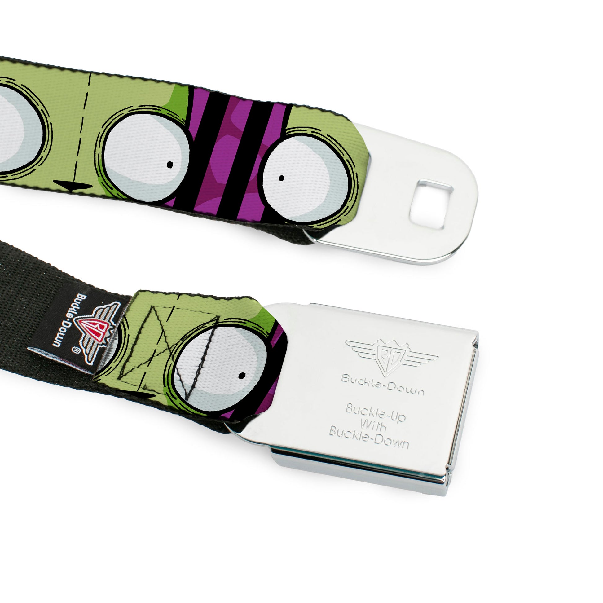 INVADER ZIM Title Logo Full Color Pink/Green Seatbelt Belt - Invader Zim GIR Eyes Close-Up Stripe Black/Purple Webbing Seatbelt Belts Invader Zim