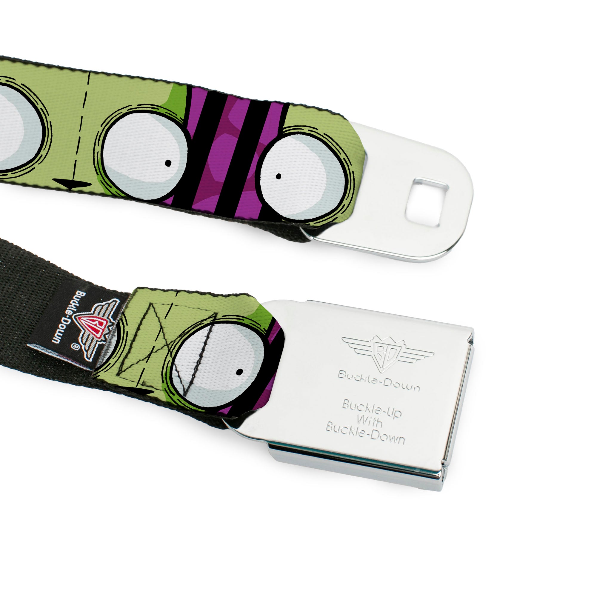 INVADER ZIM Title Logo Full Color Pink/Green Seatbelt Belt - Invader Zim GIR Eyes Close-Up Stripe Black/Purple Webbing Seatbelt Belts Invader Zim