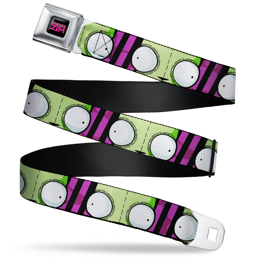 INVADER ZIM Title Logo Full Color Pink/Green Seatbelt Belt - Invader Zim GIR Eyes Close-Up Stripe Black/Purple Webbing Seatbelt Belts Invader Zim