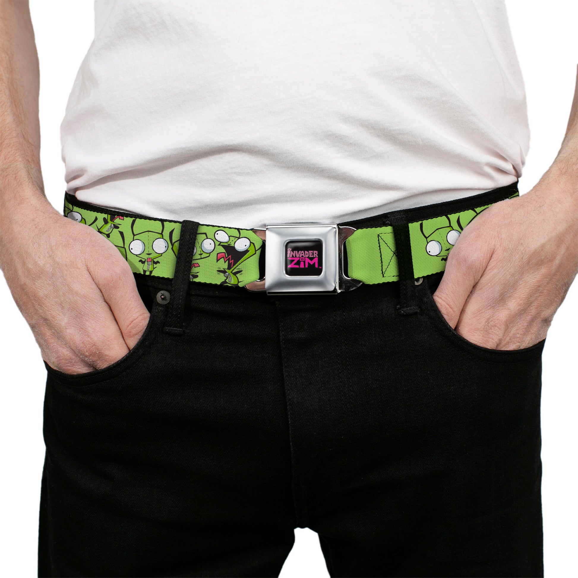 INVADER ZIM Title Logo Full Color Black/Pinks Seatbelt Belt - Invader Zim GIR Poses Scattered Greens Webbing Seatbelt Belts Invader Zim