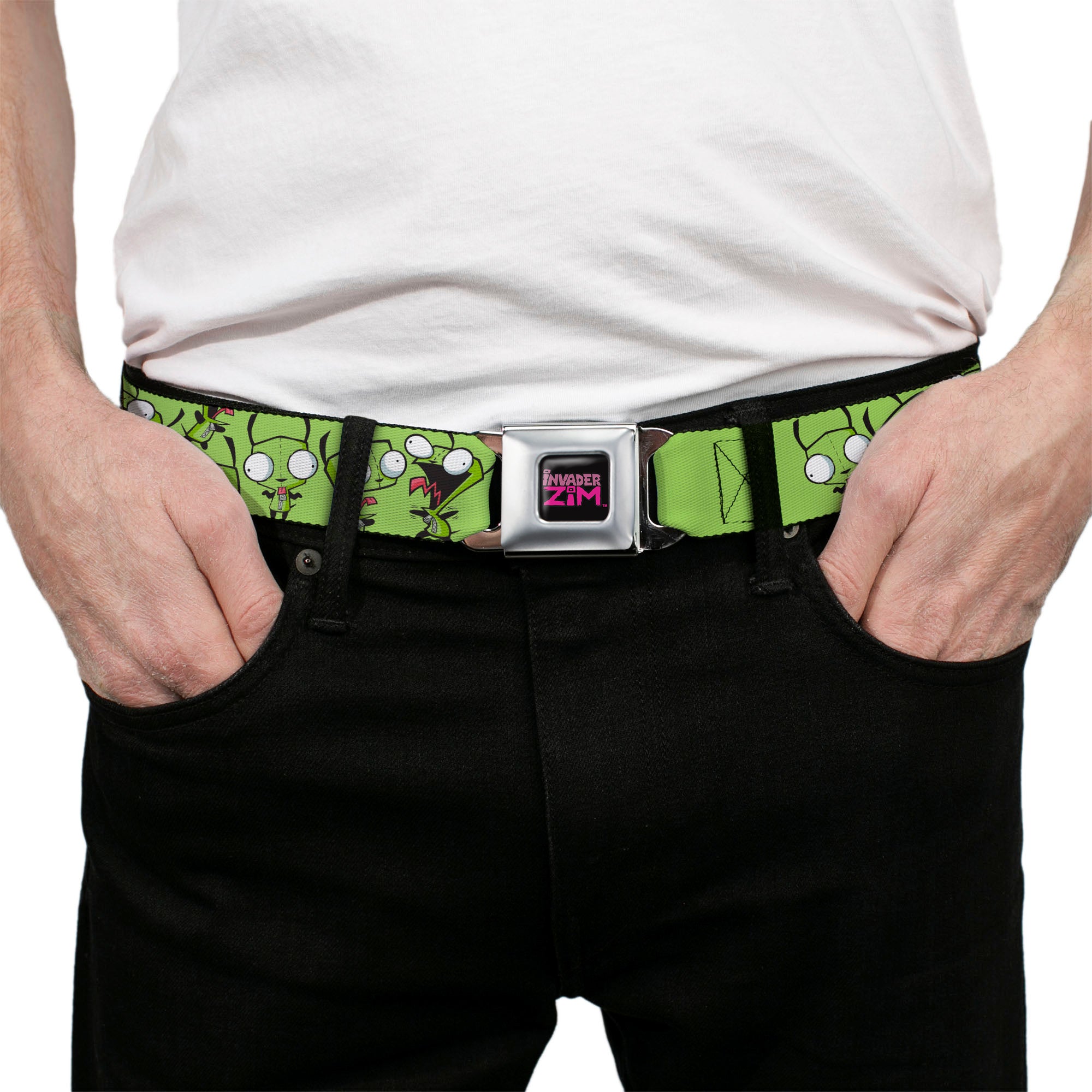 INVADER ZIM Title Logo Full Color Black/Pinks Seatbelt Belt - Invader Zim GIR Poses Scattered Greens Webbing Seatbelt Belts Invader Zim