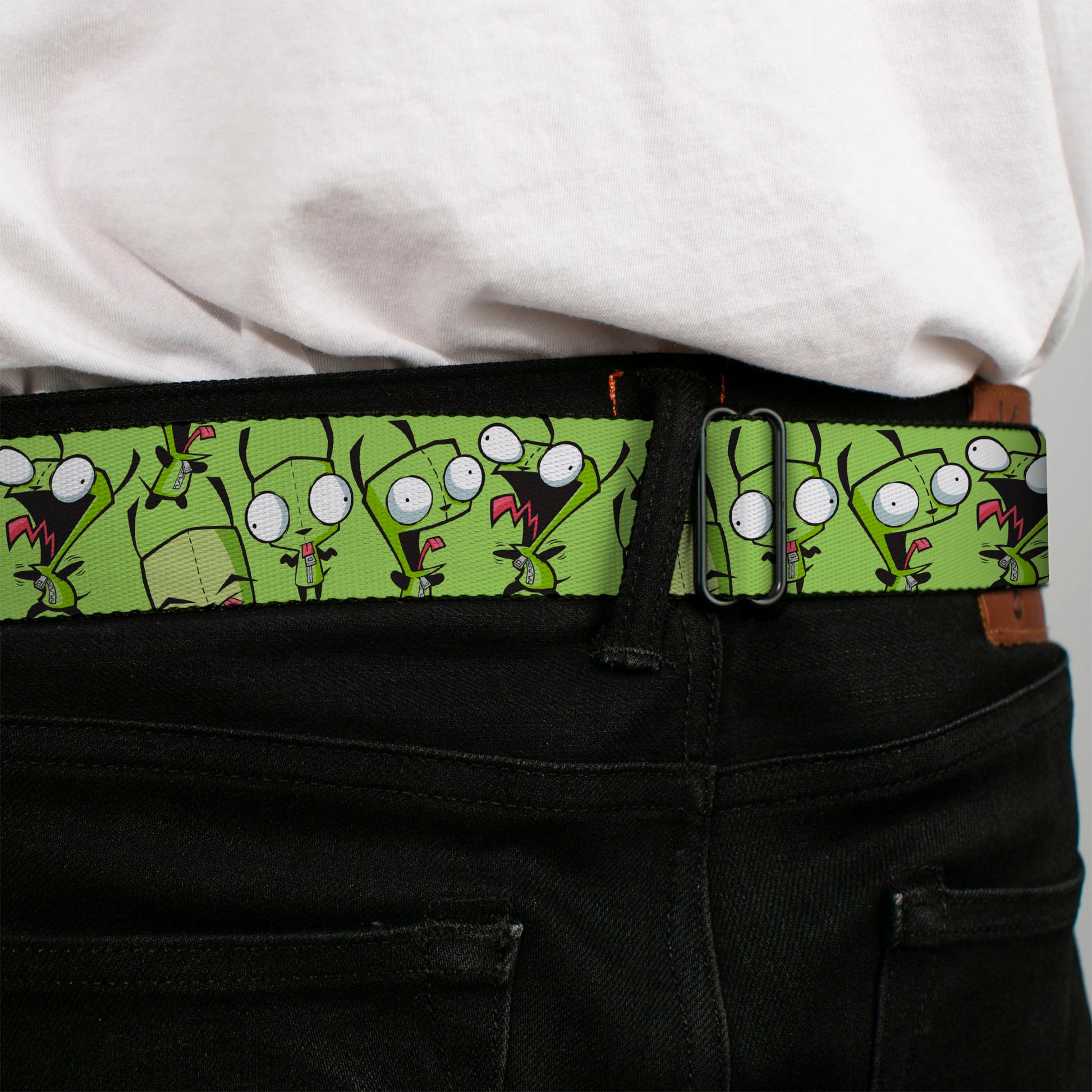 INVADER ZIM Title Logo Full Color Black/Pinks Seatbelt Belt - Invader Zim GIR Poses Scattered Greens Webbing Seatbelt Belts Invader Zim