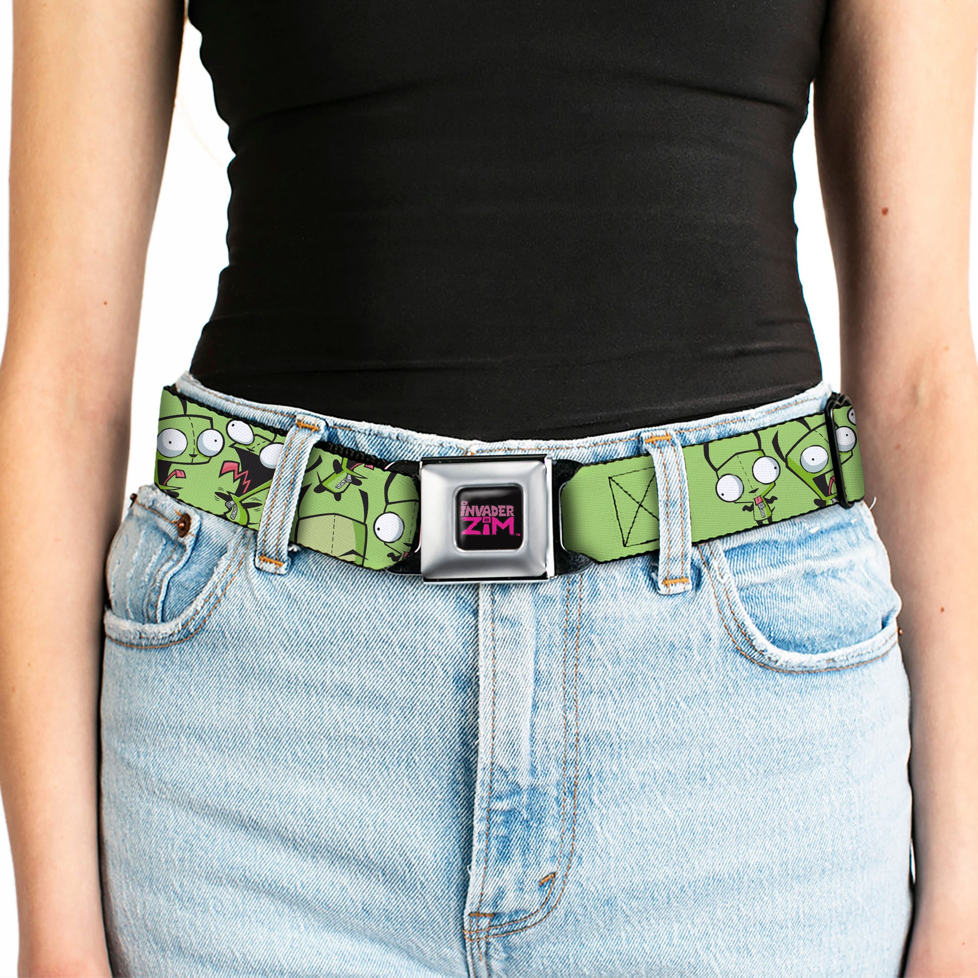INVADER ZIM Title Logo Full Color Black/Pinks Seatbelt Belt - Invader Zim GIR Poses Scattered Greens Webbing Seatbelt Belts Invader Zim