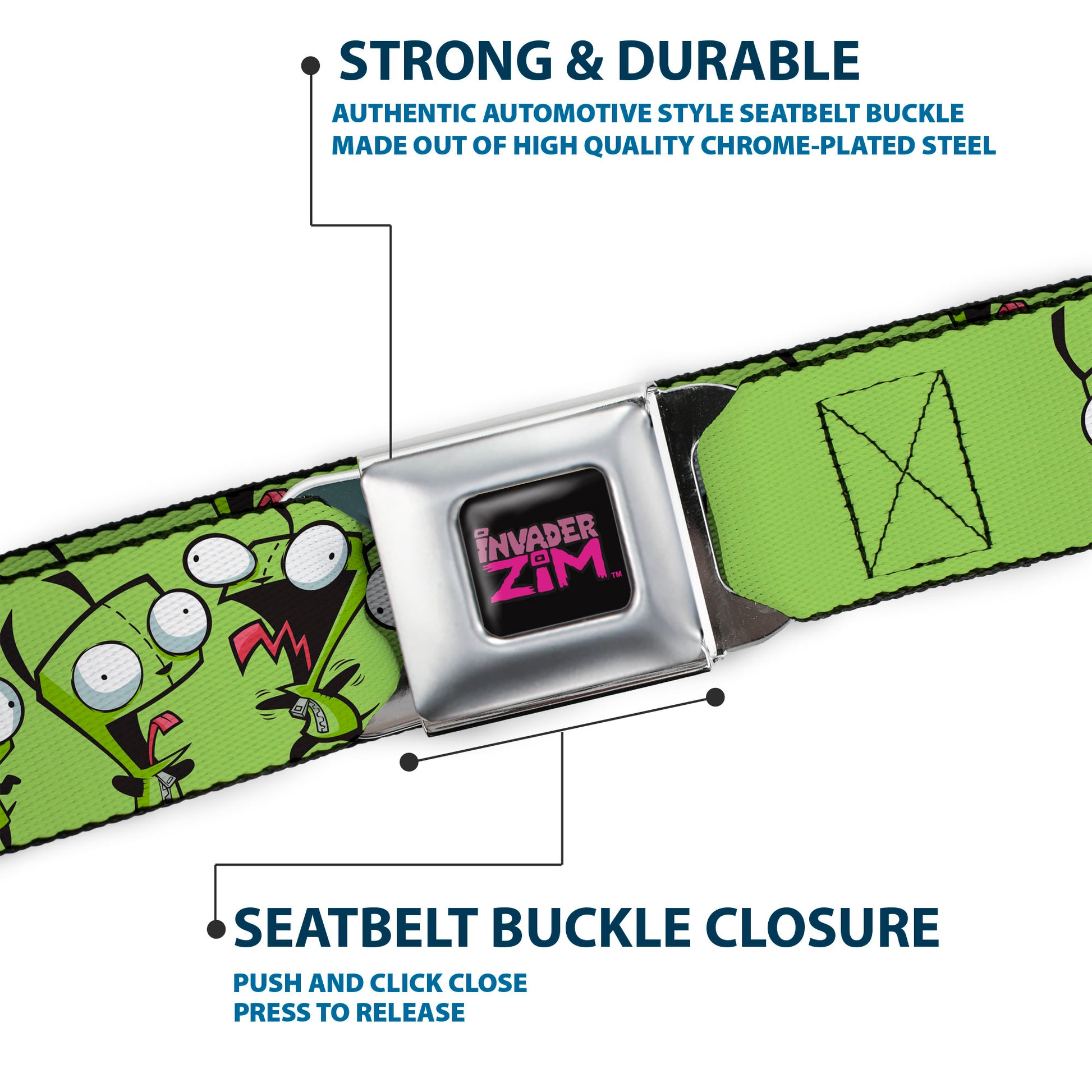 INVADER ZIM Title Logo Full Color Black/Pinks Seatbelt Belt - Invader Zim GIR Poses Scattered Greens Webbing Seatbelt Belts Invader Zim