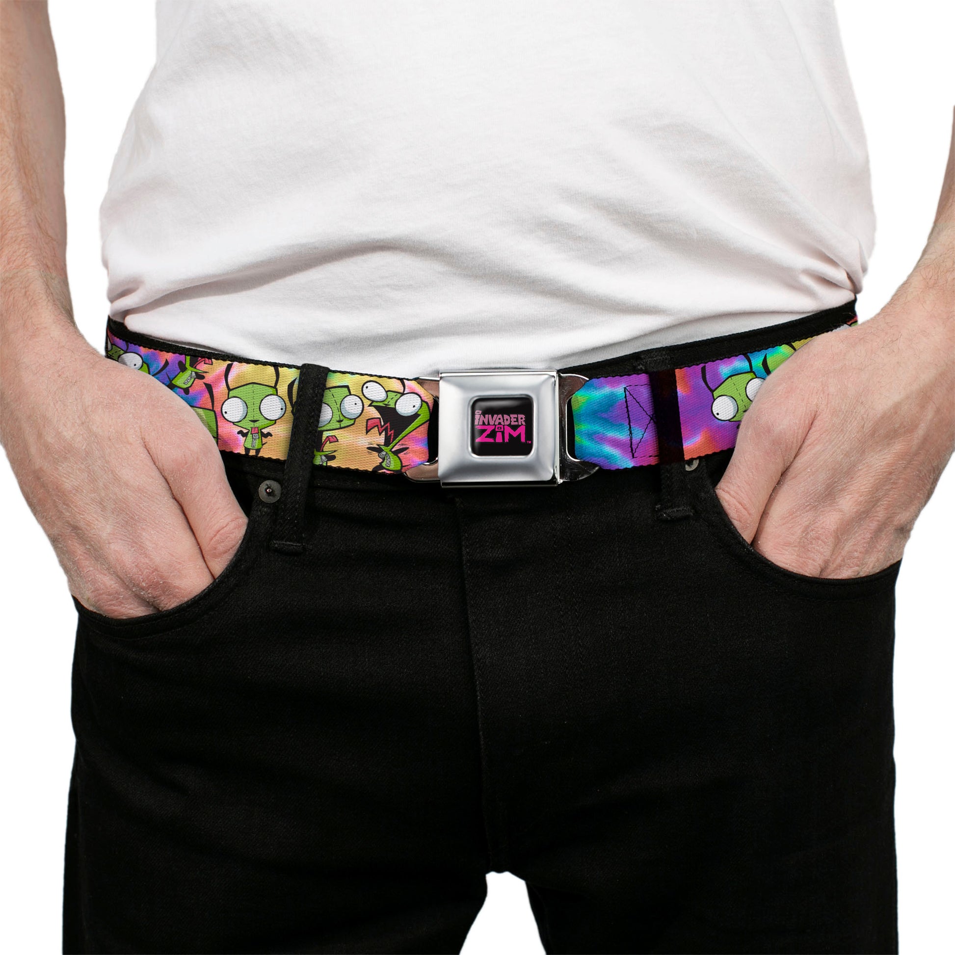 INVADER ZIM Title Logo Full Color Black/Pinks Seatbelt Belt - Invader Zim GIR Poses Scattered Tie Dye Multi Color Webbing Seatbelt Belts Invader Zim