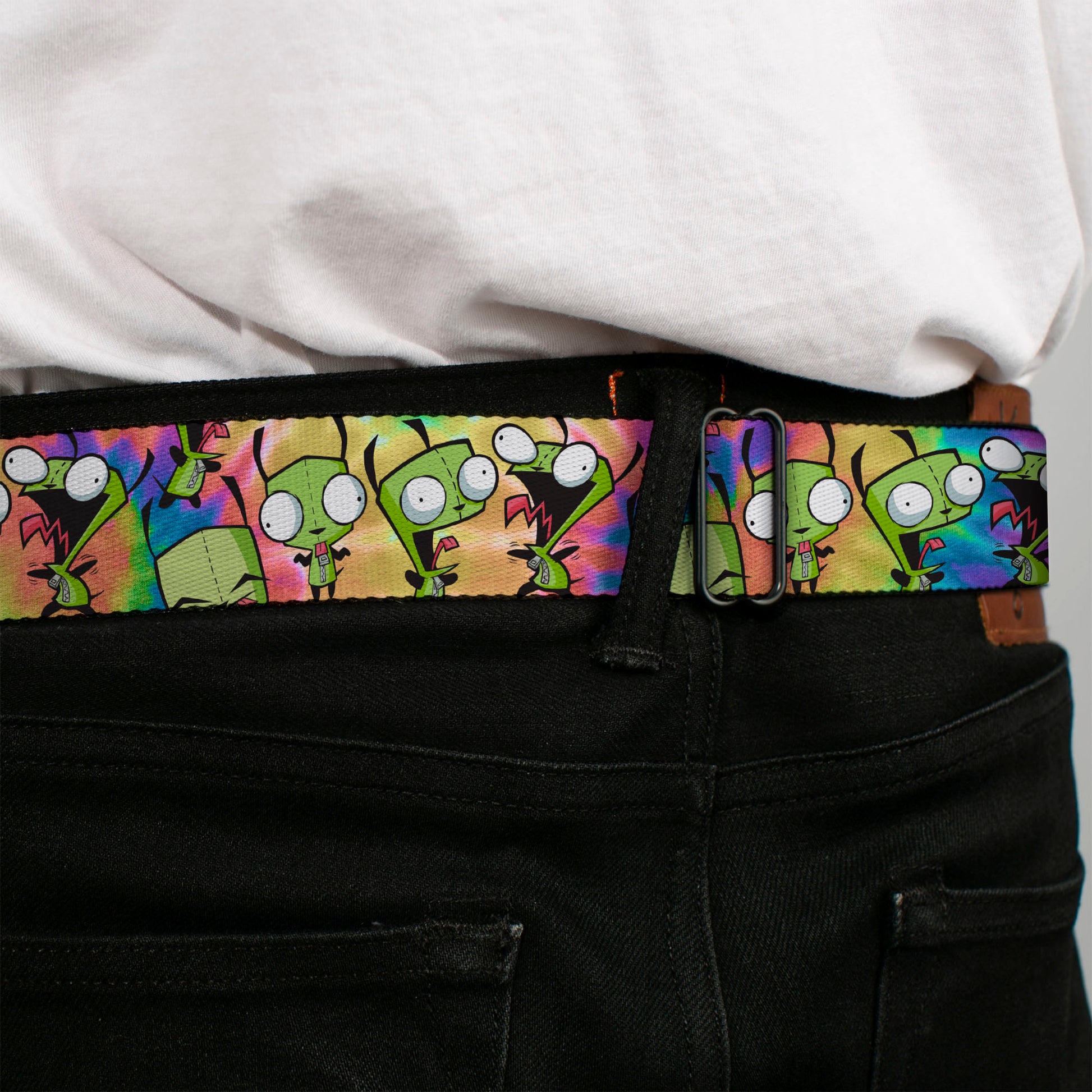 INVADER ZIM Title Logo Full Color Black/Pinks Seatbelt Belt - Invader Zim GIR Poses Scattered Tie Dye Multi Color Webbing Seatbelt Belts Invader Zim