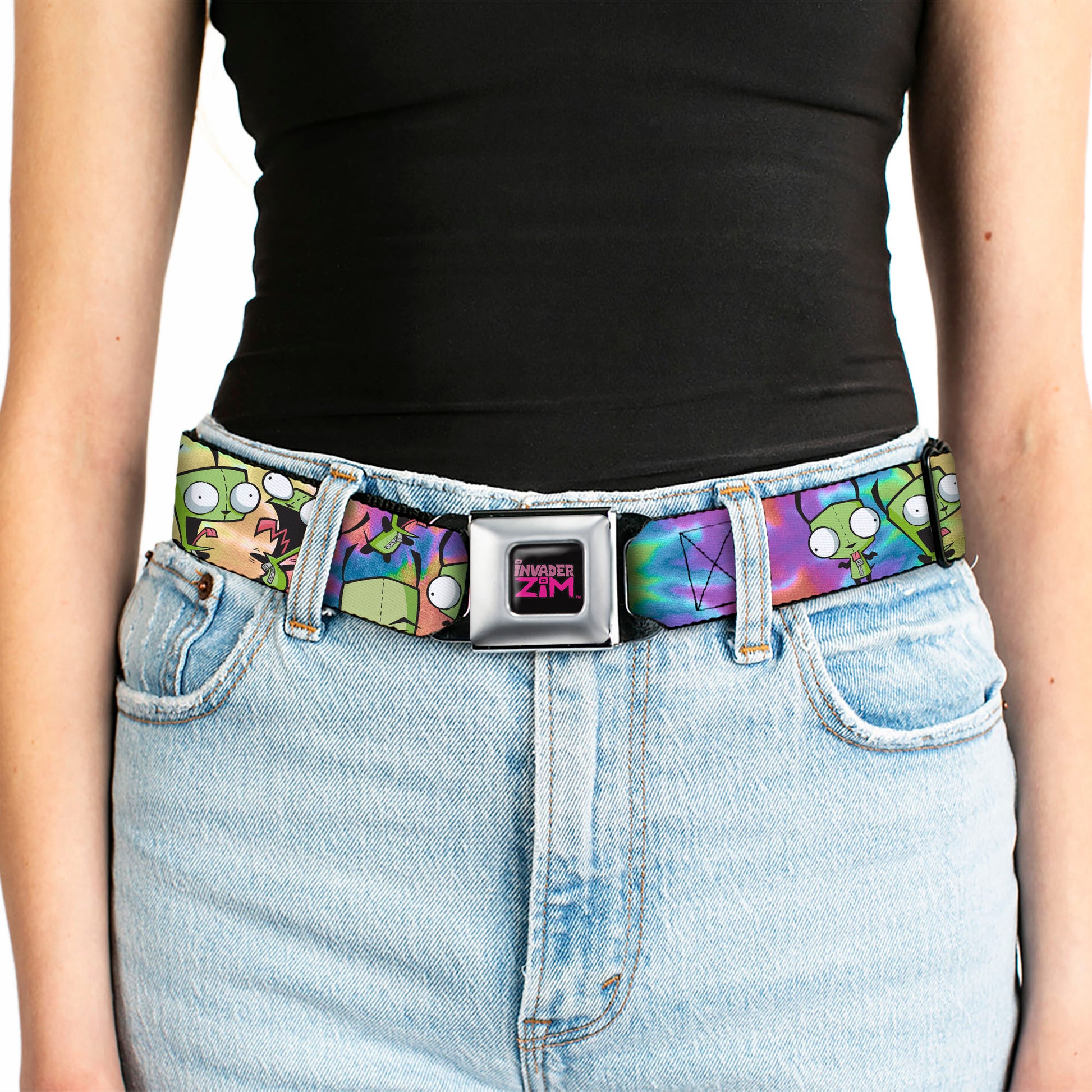 INVADER ZIM Title Logo Full Color Black/Pinks Seatbelt Belt - Invader Zim GIR Poses Scattered Tie Dye Multi Color Webbing Seatbelt Belts Invader Zim