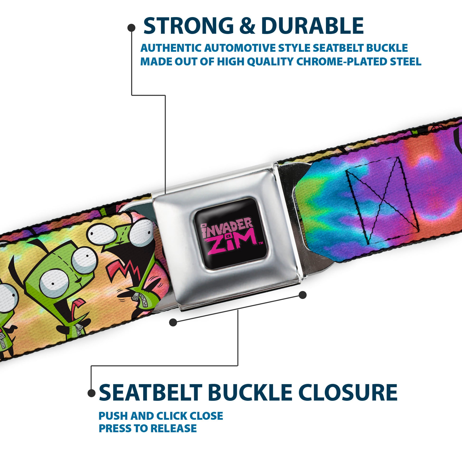 INVADER ZIM Title Logo Full Color Black/Pinks Seatbelt Belt - Invader Zim GIR Poses Scattered Tie Dye Multi Color Webbing Seatbelt Belts Invader Zim