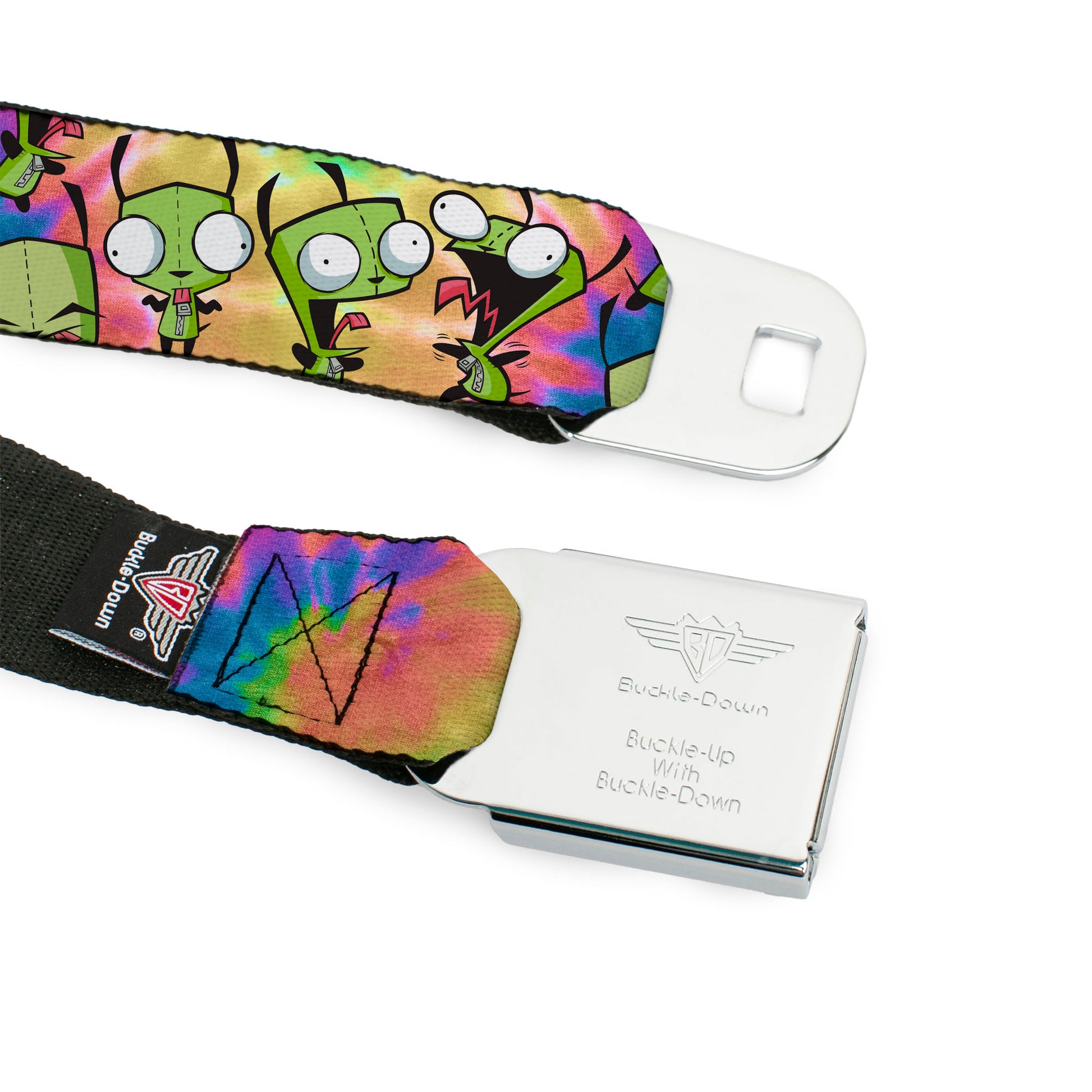 INVADER ZIM Title Logo Full Color Black/Pinks Seatbelt Belt - Invader Zim GIR Poses Scattered Tie Dye Multi Color Webbing Seatbelt Belts Invader Zim