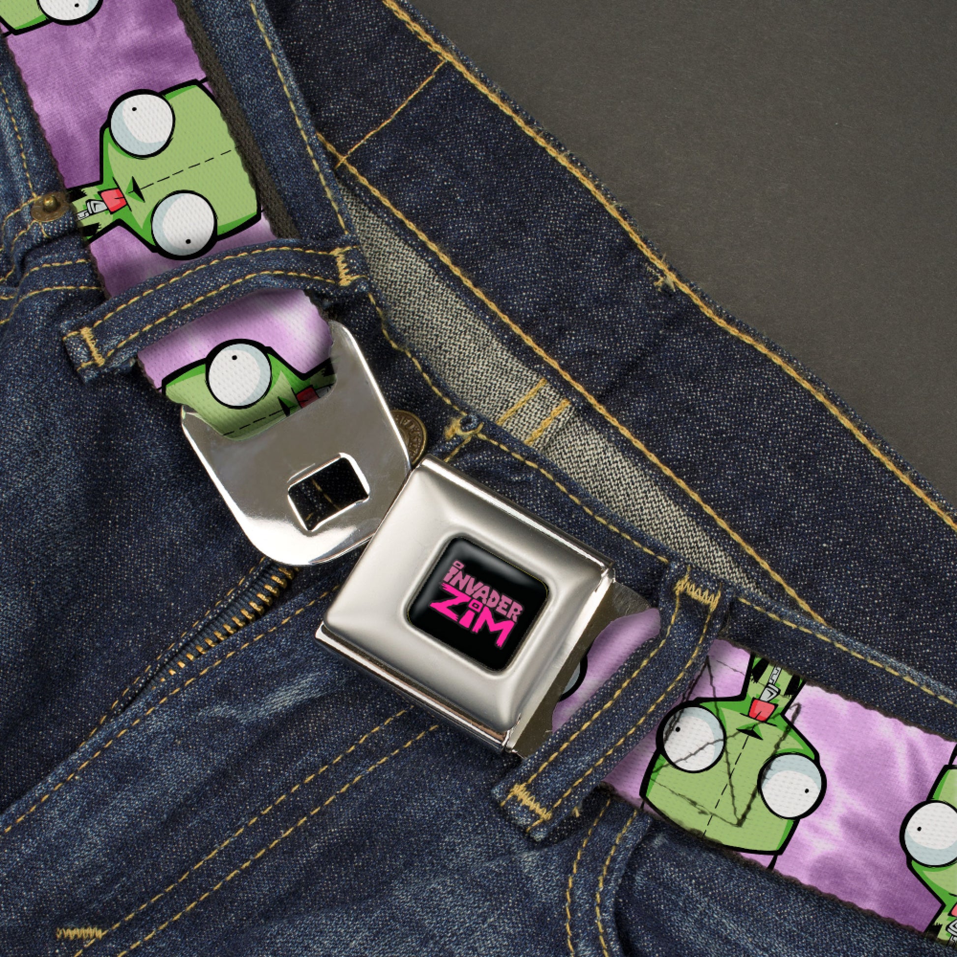 INVADER ZIM Title Logo Full Color Pink/Green Seatbelt Belt - Invader Zim GIR Flip Poses Tie Dye Blues Webbing Seatbelt Belts Invader Zim