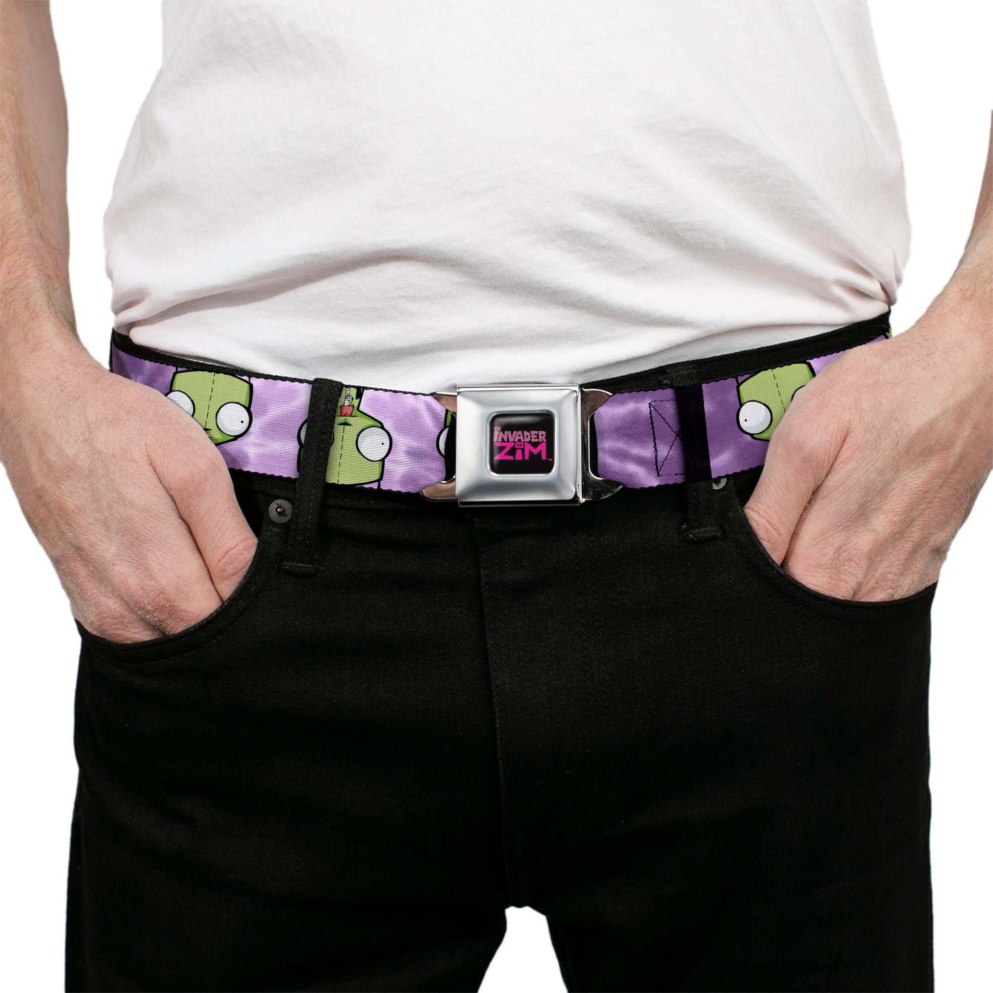 INVADER ZIM Title Logo Full Color Pink/Green Seatbelt Belt - Invader Zim GIR Flip Poses Tie Dye Blues Webbing Seatbelt Belts Invader Zim