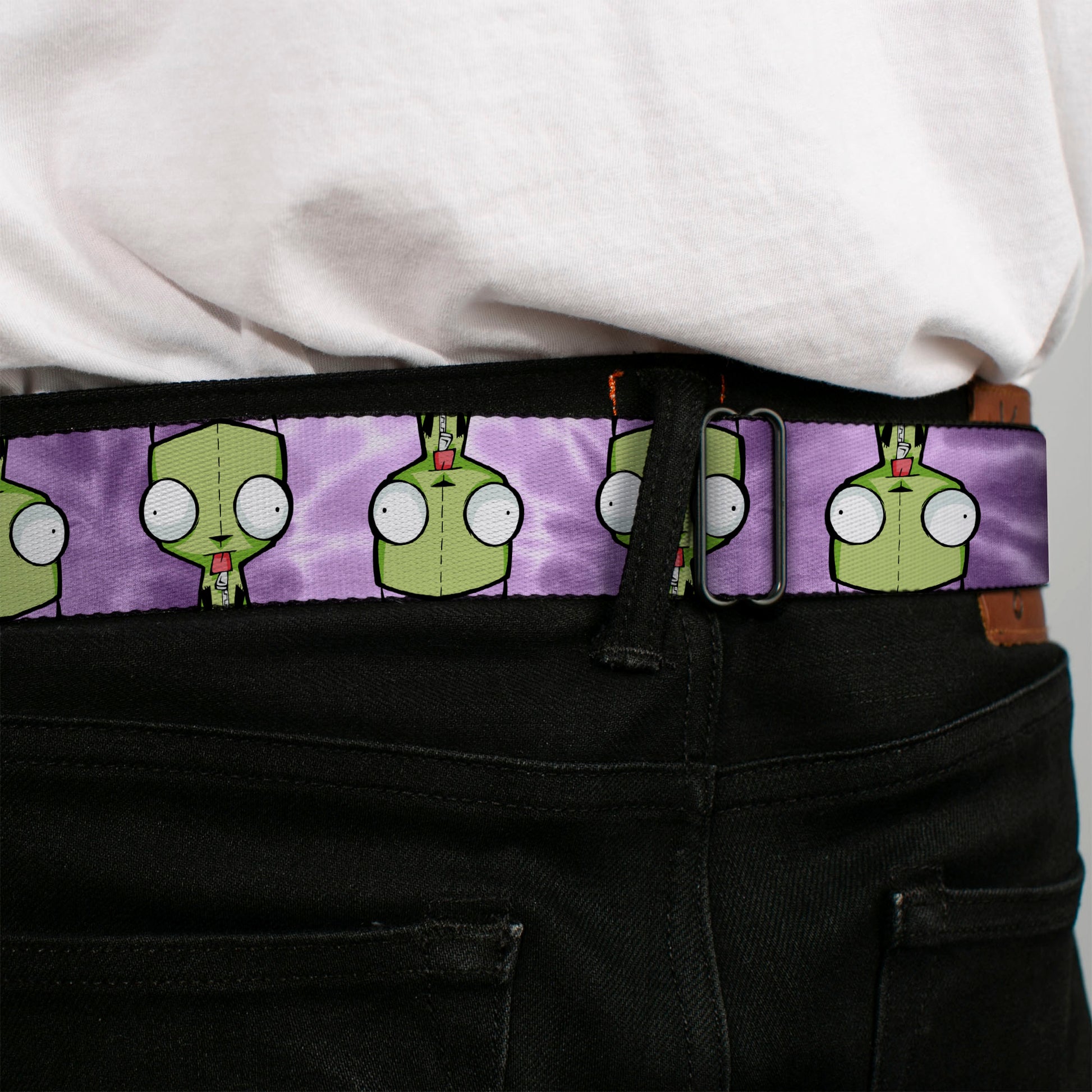 INVADER ZIM Title Logo Full Color Pink/Green Seatbelt Belt - Invader Zim GIR Flip Poses Tie Dye Blues Webbing Seatbelt Belts Invader Zim