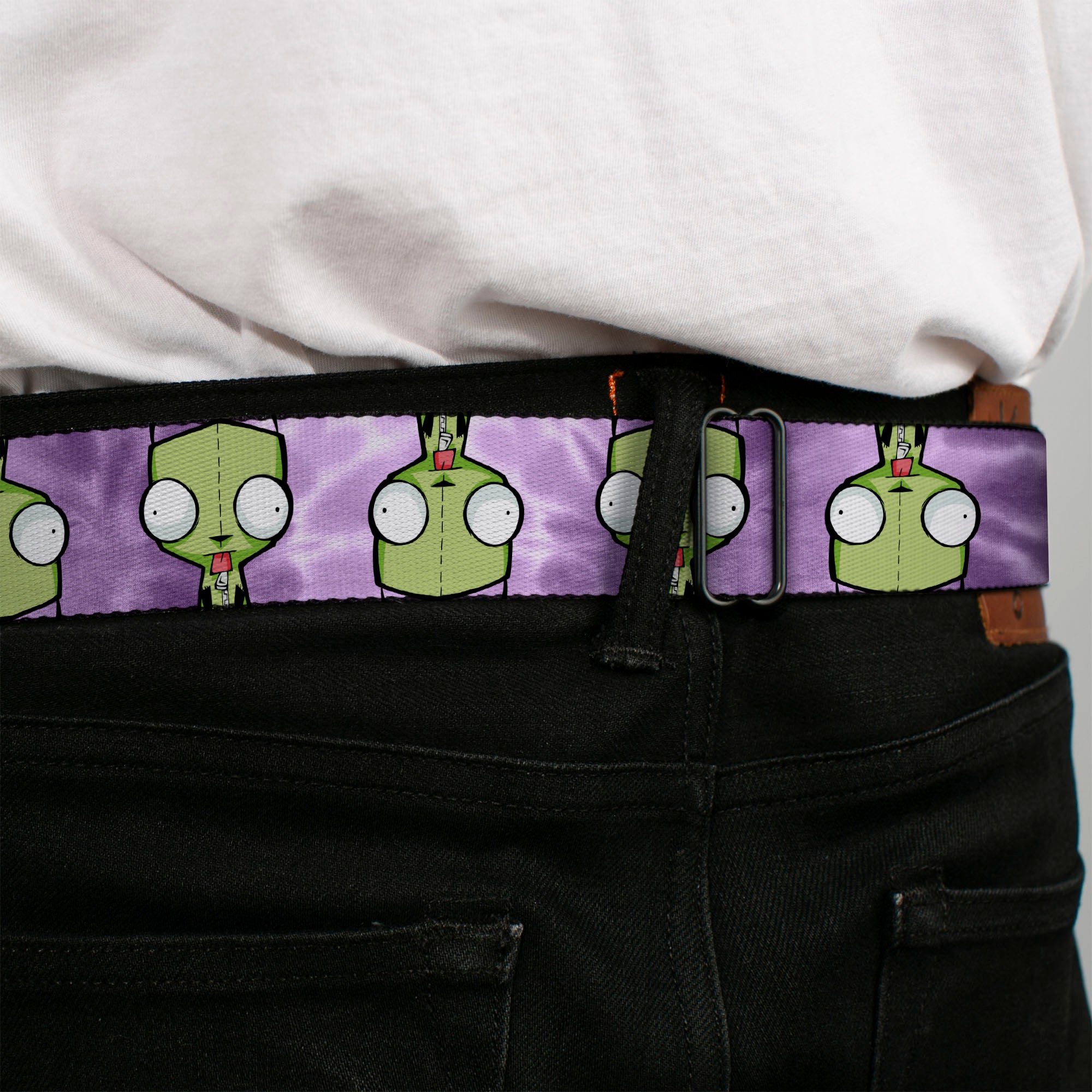 INVADER ZIM Title Logo Full Color Pink/Green Seatbelt Belt - Invader Zim GIR Flip Poses Tie Dye Blues Webbing Seatbelt Belts Invader Zim