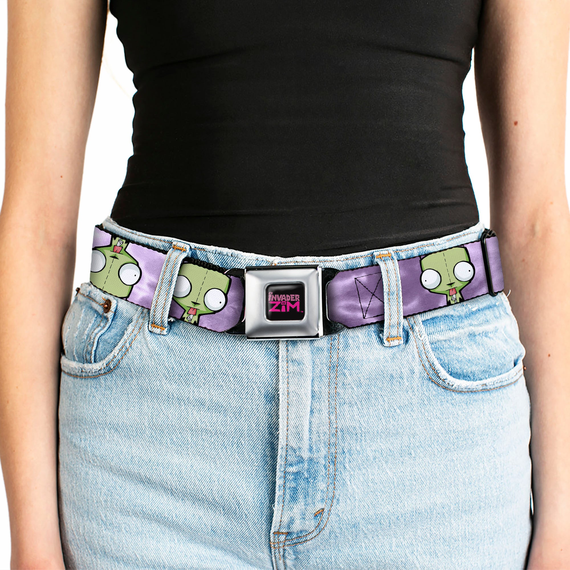 INVADER ZIM Title Logo Full Color Pink/Green Seatbelt Belt - Invader Zim GIR Flip Poses Tie Dye Blues Webbing Seatbelt Belts Invader Zim