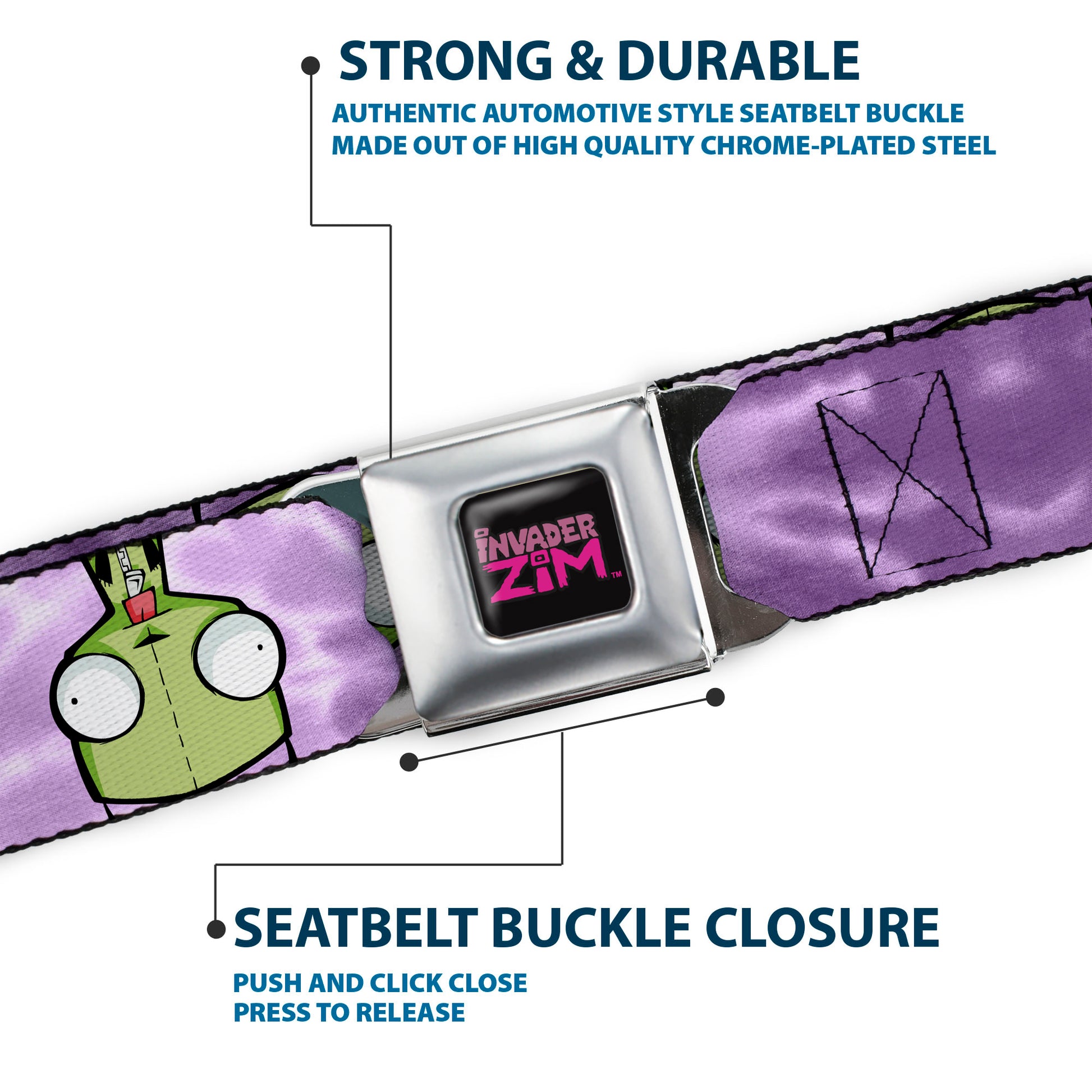 INVADER ZIM Title Logo Full Color Pink/Green Seatbelt Belt - Invader Zim GIR Flip Poses Tie Dye Blues Webbing Seatbelt Belts Invader Zim