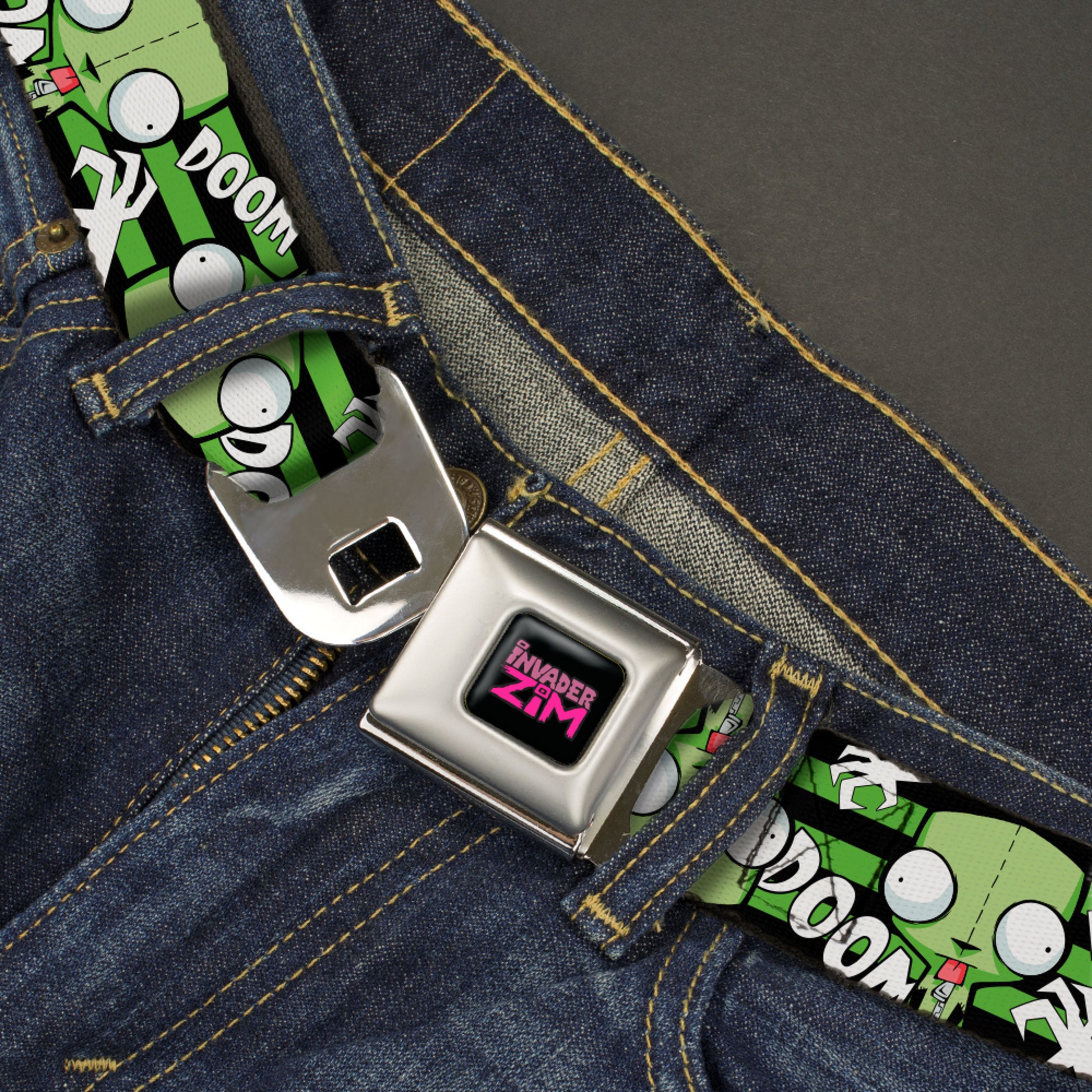 INVADER ZIM Title Logo Full Color Pink/Green Seatbelt Belt - Invader Zim GIR DOOM Flip Poses Stripe Black/Green Webbing Seatbelt Belts Invader Zim