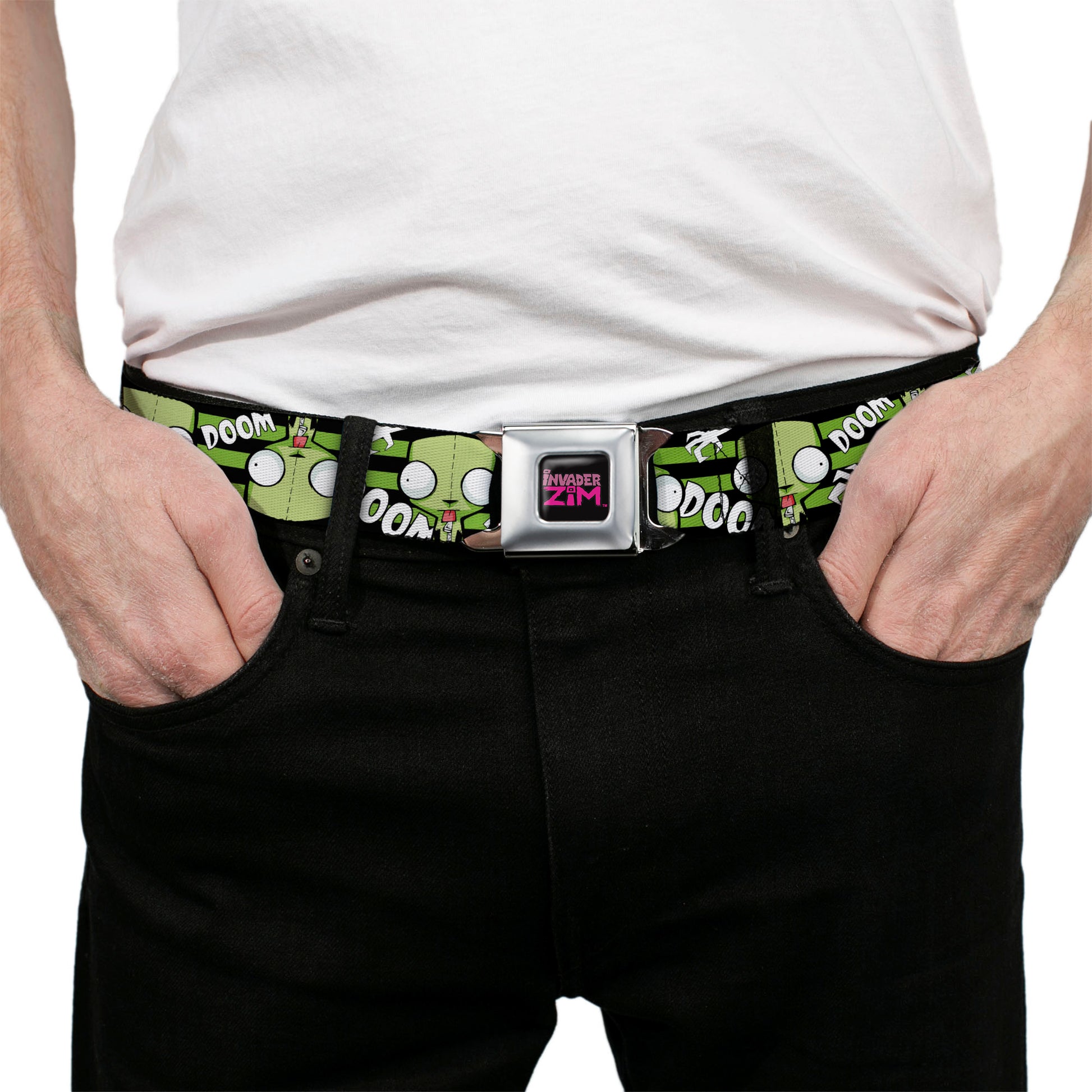 INVADER ZIM Title Logo Full Color Pink/Green Seatbelt Belt - Invader Zim GIR DOOM Flip Poses Stripe Black/Green Webbing Seatbelt Belts Invader Zim
