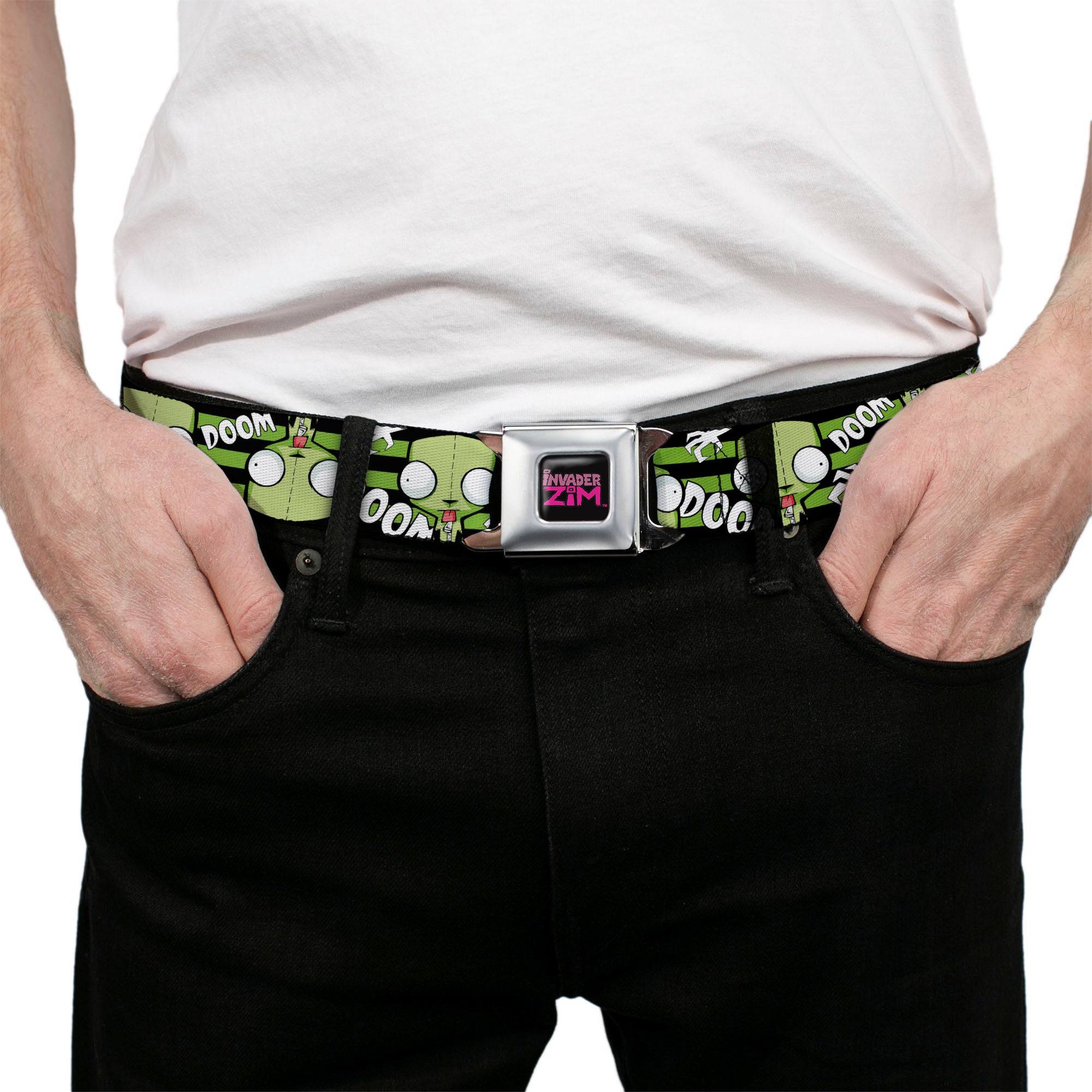 INVADER ZIM Title Logo Full Color Pink/Green Seatbelt Belt - Invader Zim GIR DOOM Flip Poses Stripe Black/Green Webbing Seatbelt Belts Invader Zim