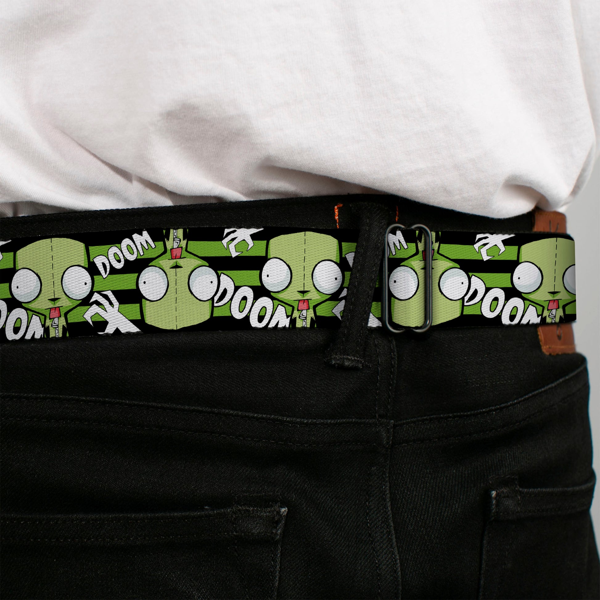 INVADER ZIM Title Logo Full Color Pink/Green Seatbelt Belt - Invader Zim GIR DOOM Flip Poses Stripe Black/Green Webbing Seatbelt Belts Invader Zim