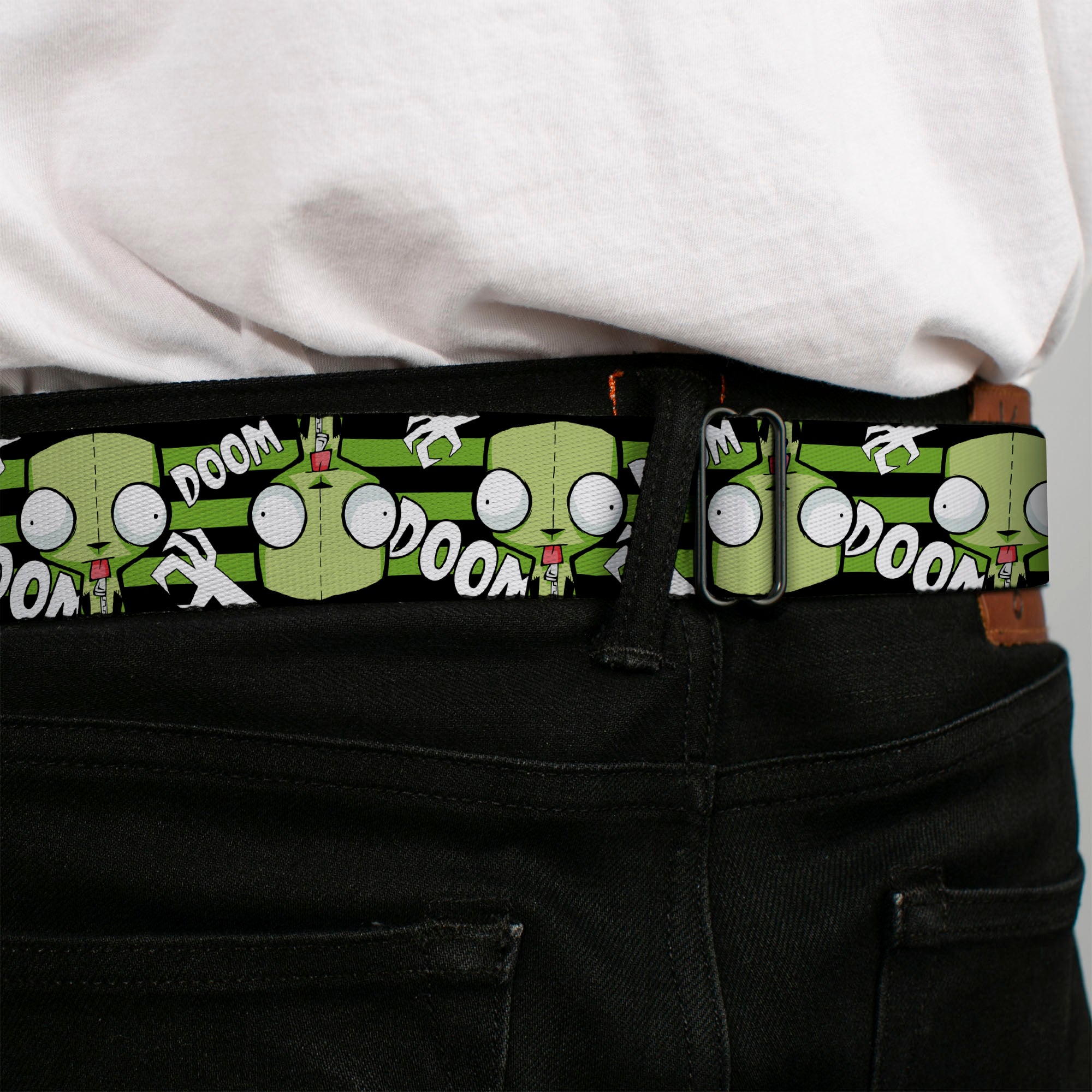 INVADER ZIM Title Logo Full Color Pink/Green Seatbelt Belt - Invader Zim GIR DOOM Flip Poses Stripe Black/Green Webbing Seatbelt Belts Invader Zim