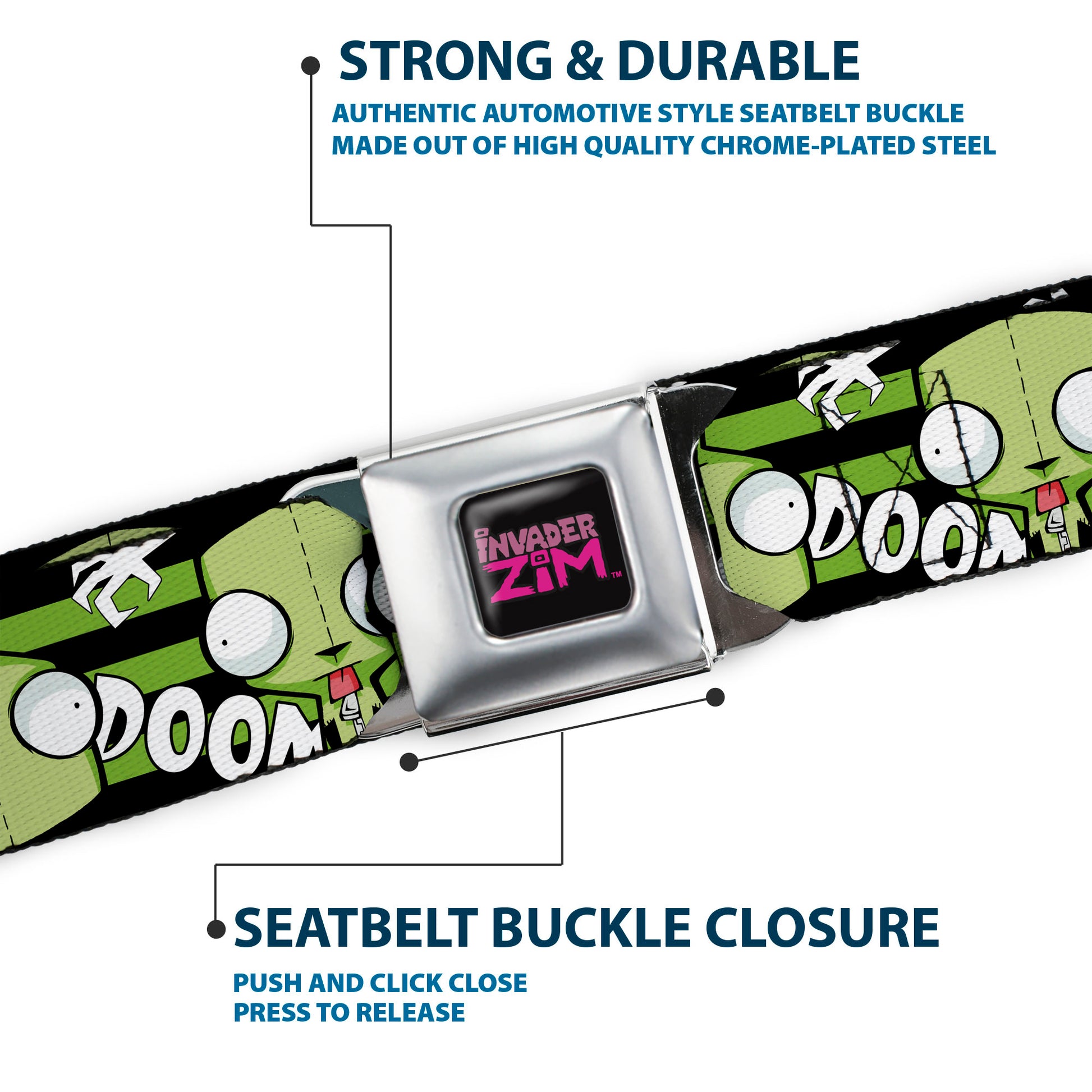 INVADER ZIM Title Logo Full Color Pink/Green Seatbelt Belt - Invader Zim GIR DOOM Flip Poses Stripe Black/Green Webbing Seatbelt Belts Invader Zim