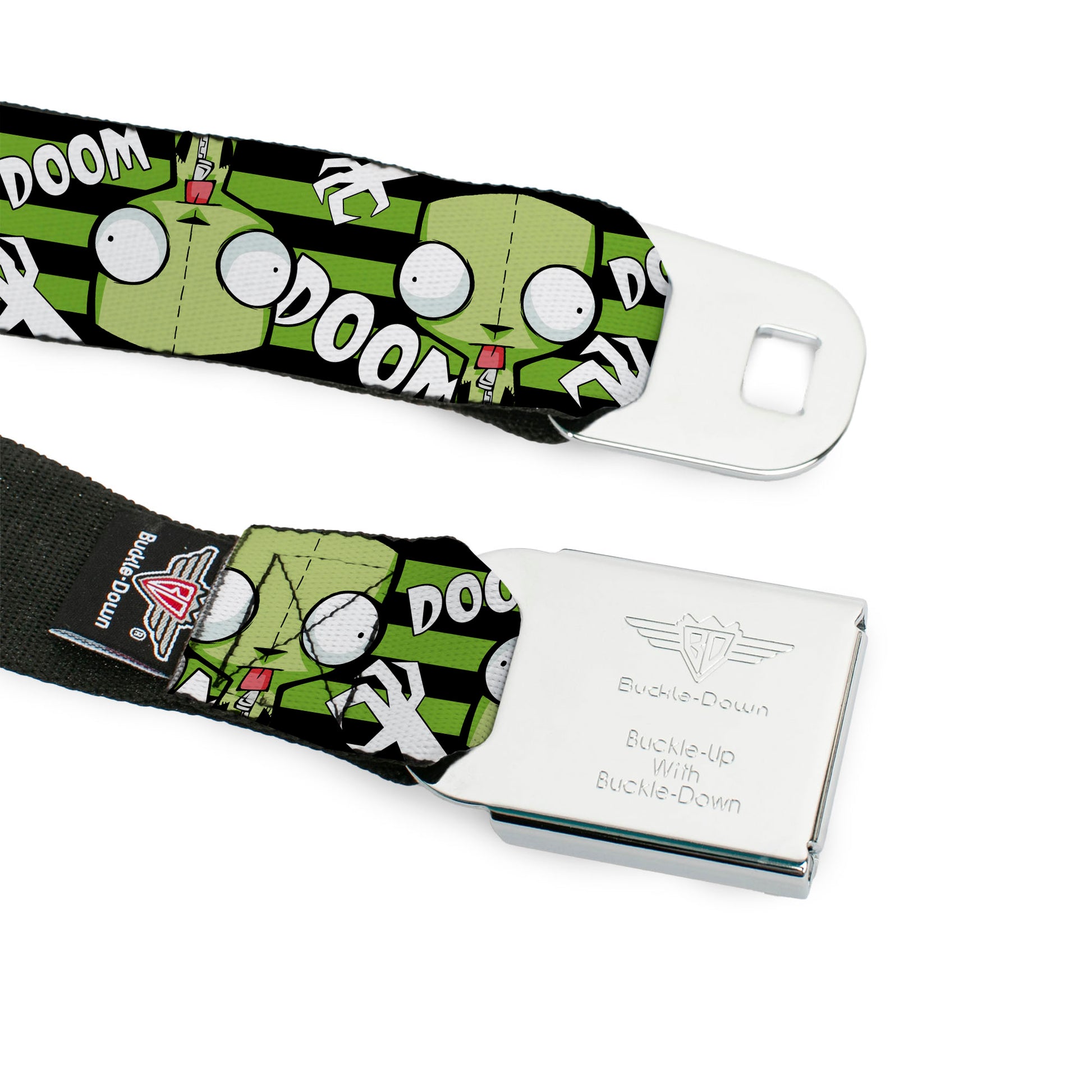 INVADER ZIM Title Logo Full Color Pink/Green Seatbelt Belt - Invader Zim GIR DOOM Flip Poses Stripe Black/Green Webbing Seatbelt Belts Invader Zim