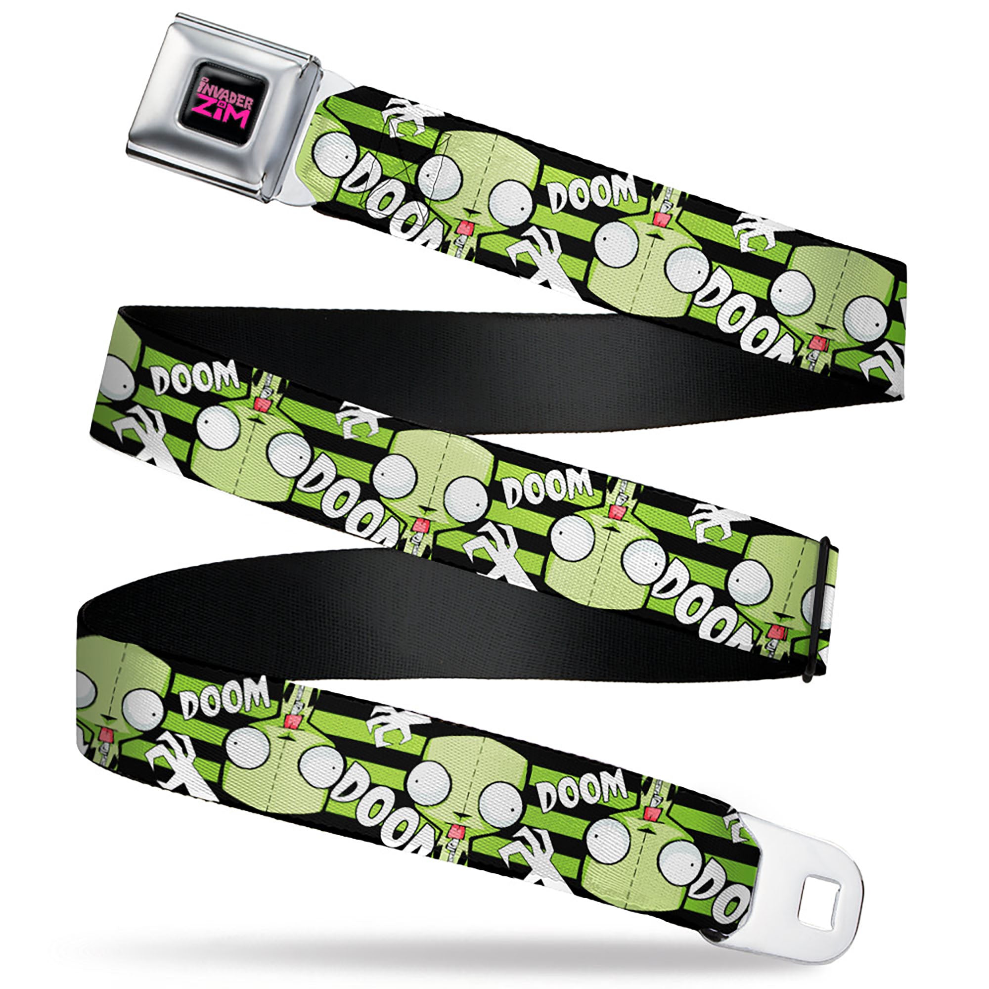 INVADER ZIM Title Logo Full Color Pink/Green Seatbelt Belt - Invader Zim GIR DOOM Flip Poses Stripe Black/Green Webbing Seatbelt Belts Invader Zim
