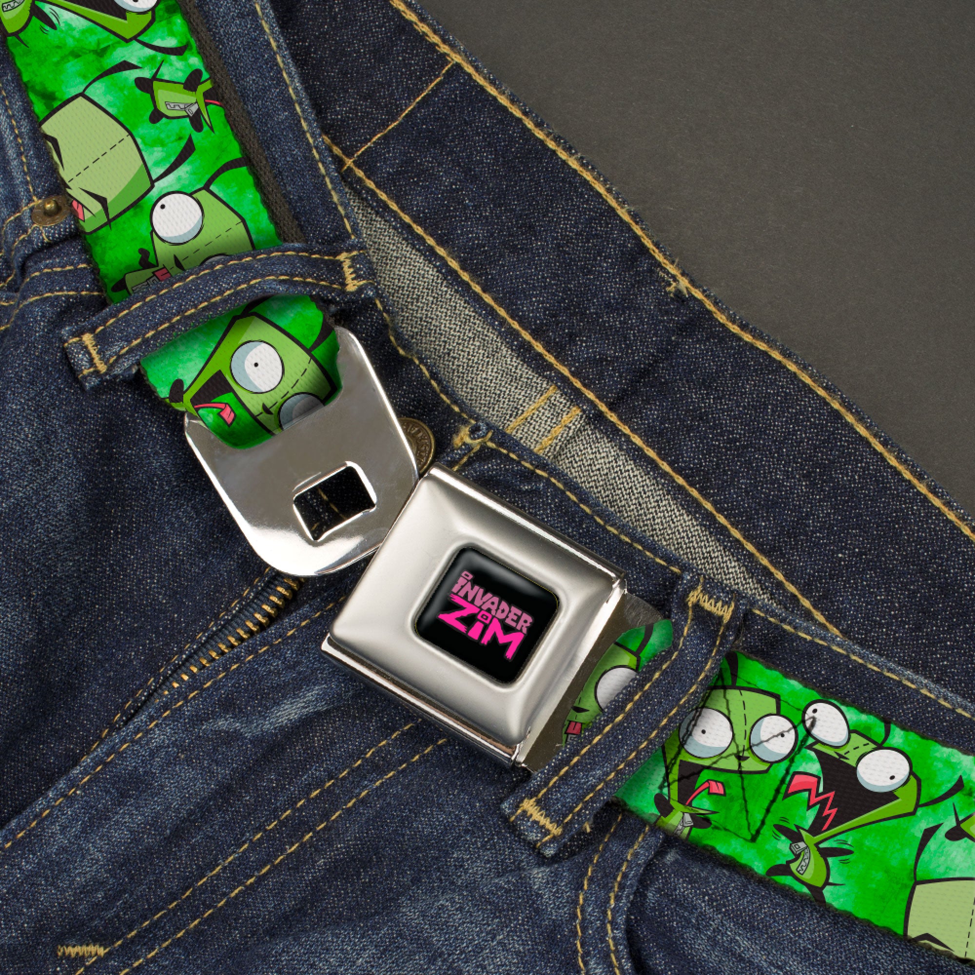 INVADER ZIM Title Logo Full Color Pink/Green Seatbelt Belt - Invader Zim GIR Poses Tie Dye Greens Webbing Seatbelt Belts Invader Zim