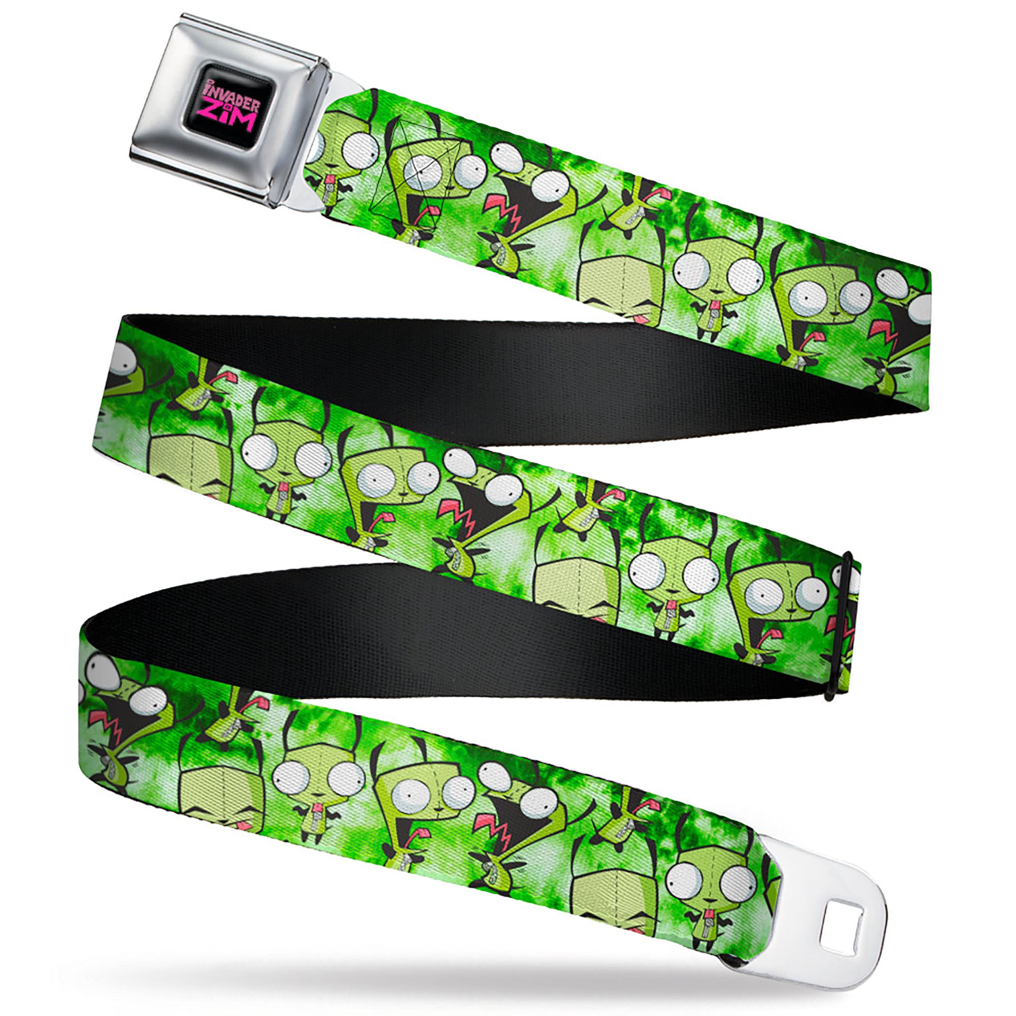 INVADER ZIM Title Logo Full Color Pink/Green Seatbelt Belt - Invader Zim GIR Poses Tie Dye Greens Webbing Seatbelt Belts Invader Zim