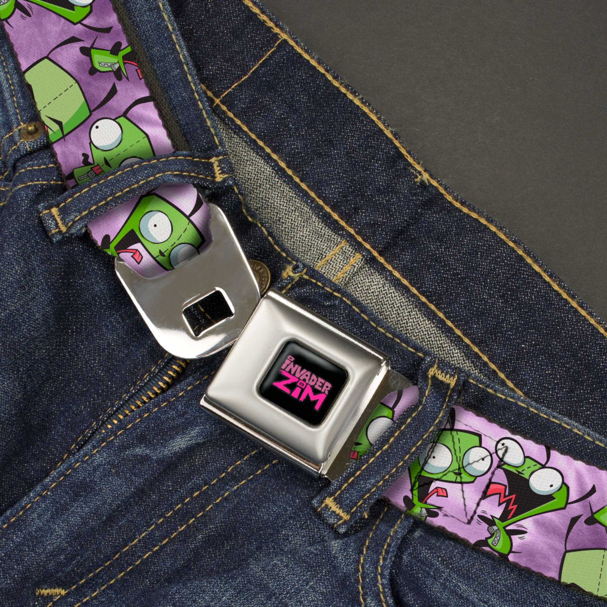 INVADER ZIM Title Logo Full Color Pink/Green Seatbelt Belt - Invader Zim GIR Poses Tie Dye Blues Webbing Seatbelt Belts Invader Zim