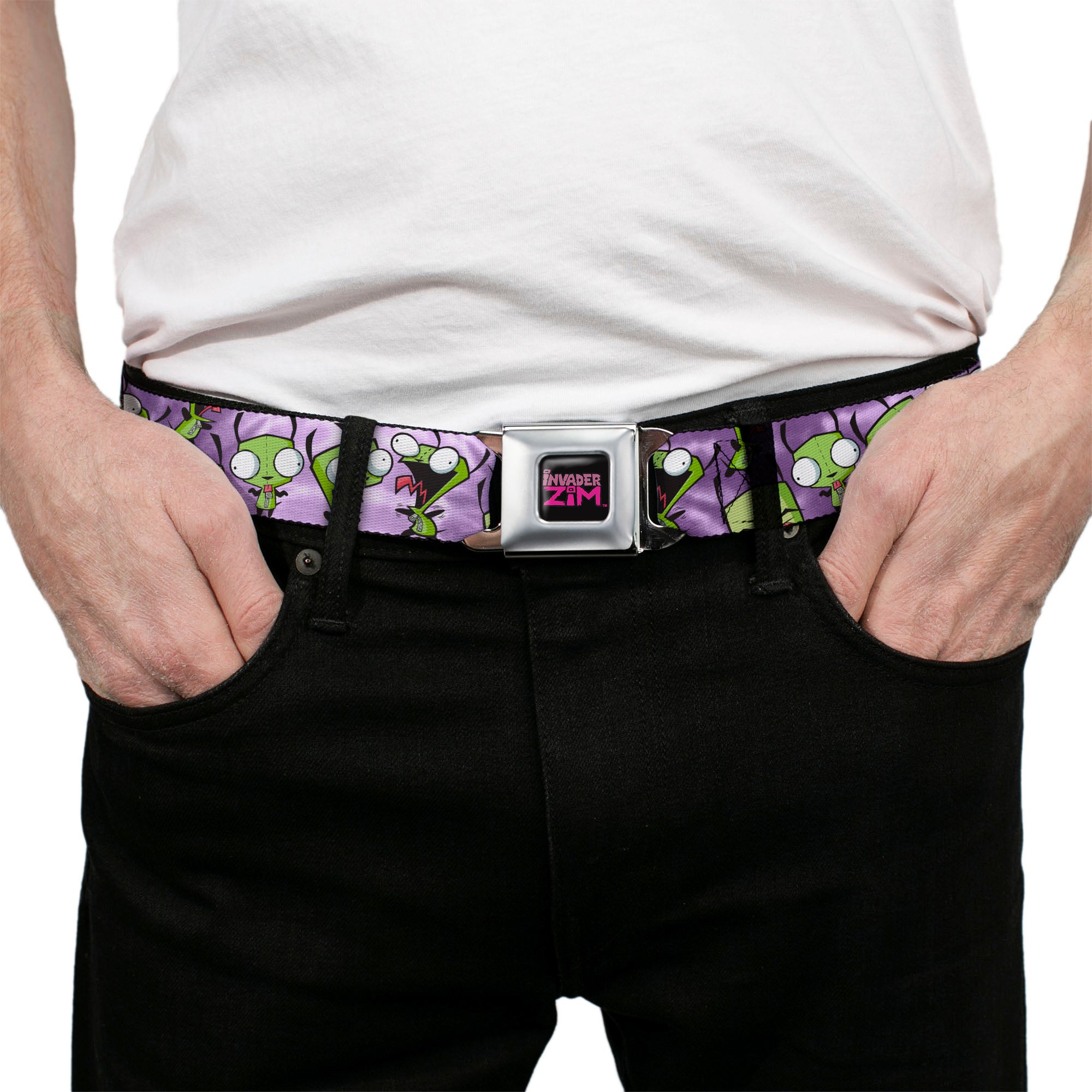 INVADER ZIM Title Logo Full Color Pink/Green Seatbelt Belt - Invader Zim GIR Poses Tie Dye Blues Webbing Seatbelt Belts Invader Zim
