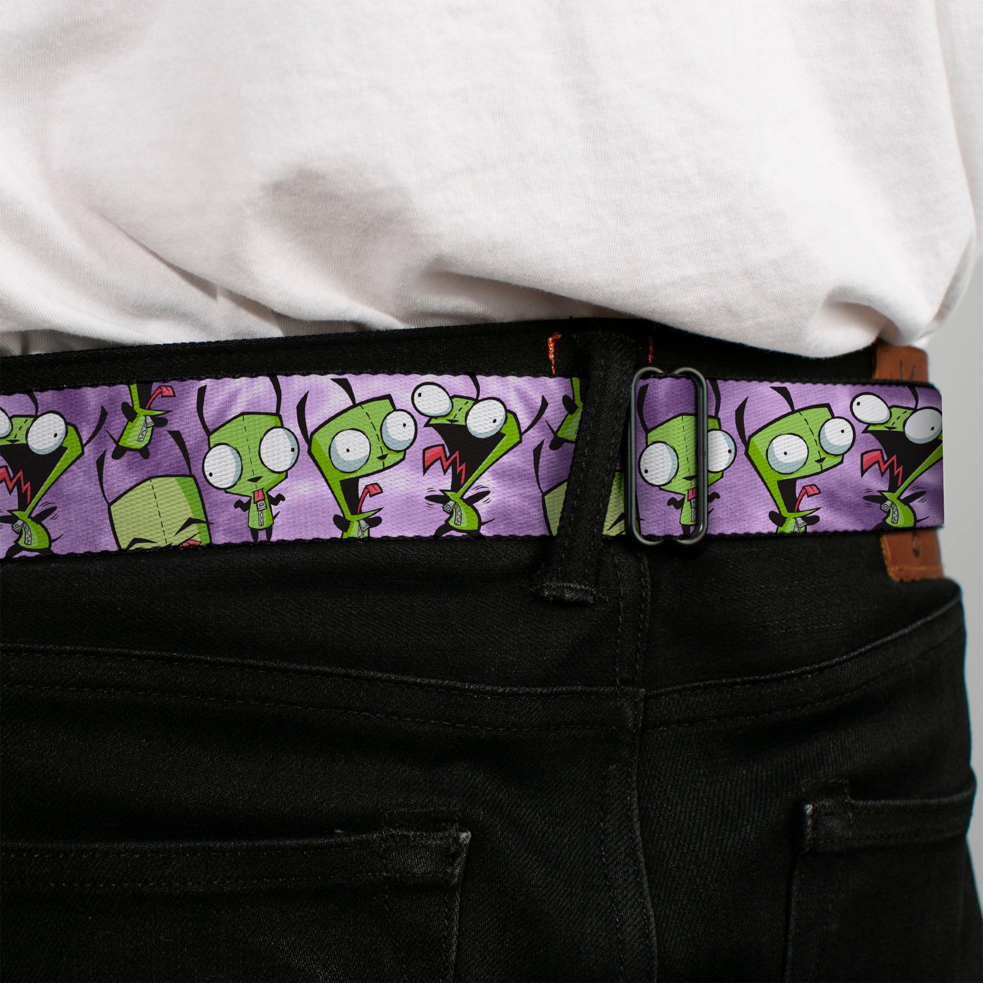 INVADER ZIM Title Logo Full Color Pink/Green Seatbelt Belt - Invader Zim GIR Poses Tie Dye Blues Webbing Seatbelt Belts Invader Zim