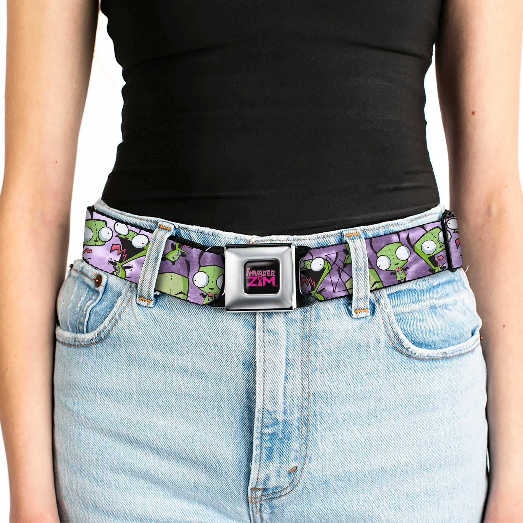 INVADER ZIM Title Logo Full Color Pink/Green Seatbelt Belt - Invader Zim GIR Poses Tie Dye Blues Webbing Seatbelt Belts Invader Zim