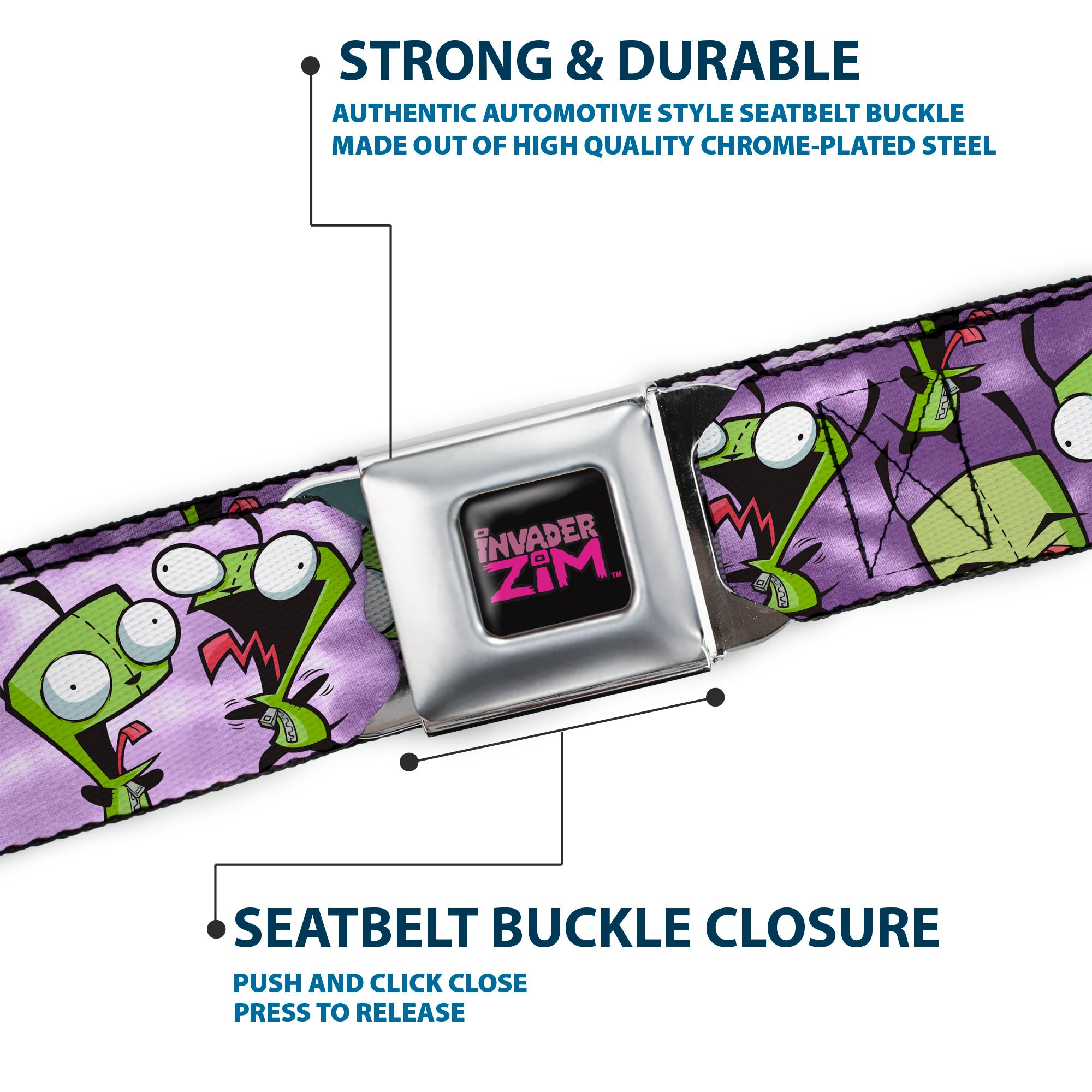 INVADER ZIM Title Logo Full Color Pink/Green Seatbelt Belt - Invader Zim GIR Poses Tie Dye Blues Webbing Seatbelt Belts Invader Zim