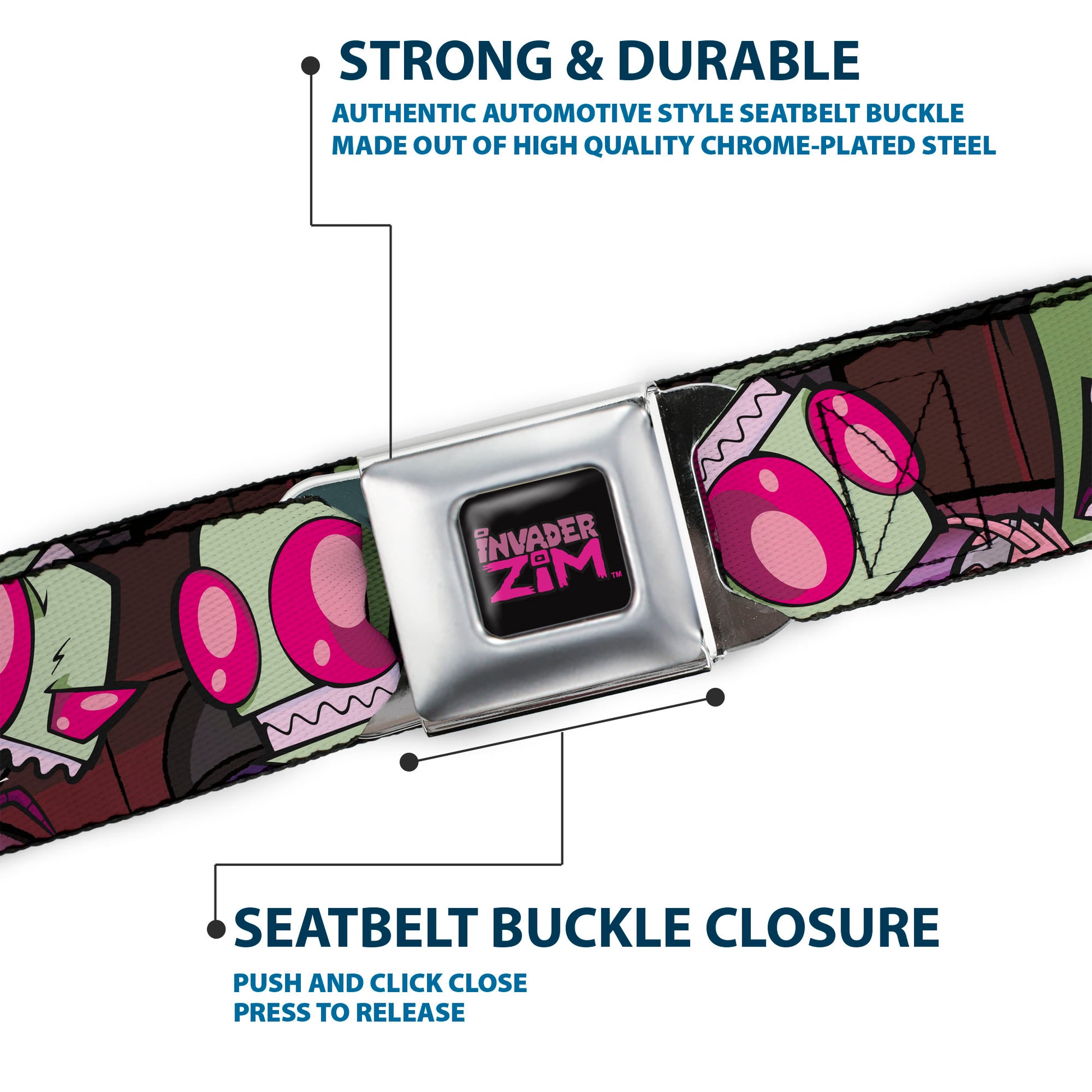 INVADER ZIM Title Logo Full Color Pink/Green Seatbelt Belt - Invader Zim Close-Up Poses Reds Webbing Seatbelt Belts Invader Zim
