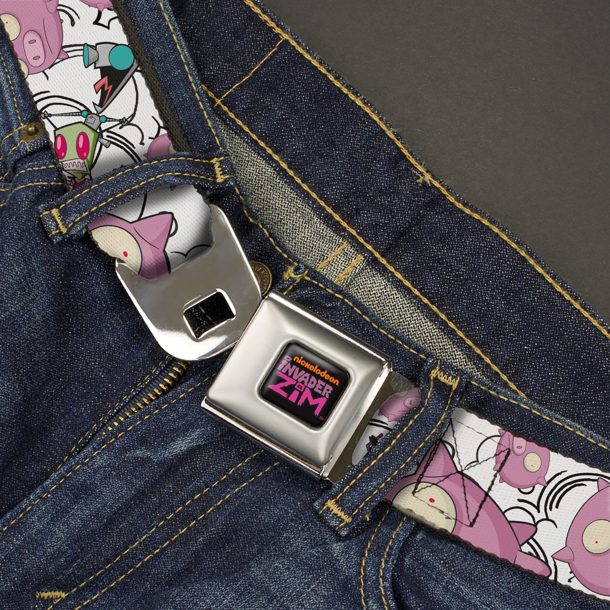INVADER ZIM Title Logo Full Color Pink/Green Seatbelt Belt - Invader Zim GIR and Piggy Doddles White/Black Webbing Seatbelt Belts Invader Zim