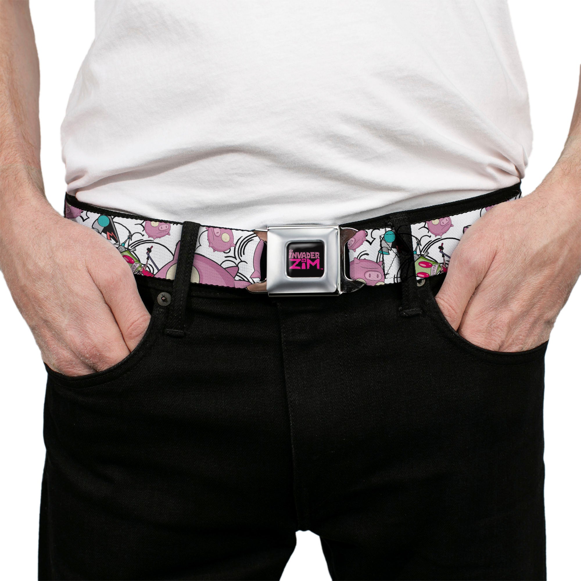 INVADER ZIM Title Logo Full Color Pink/Green Seatbelt Belt - Invader Zim GIR and Piggy Doddles White/Black Webbing Seatbelt Belts Invader Zim