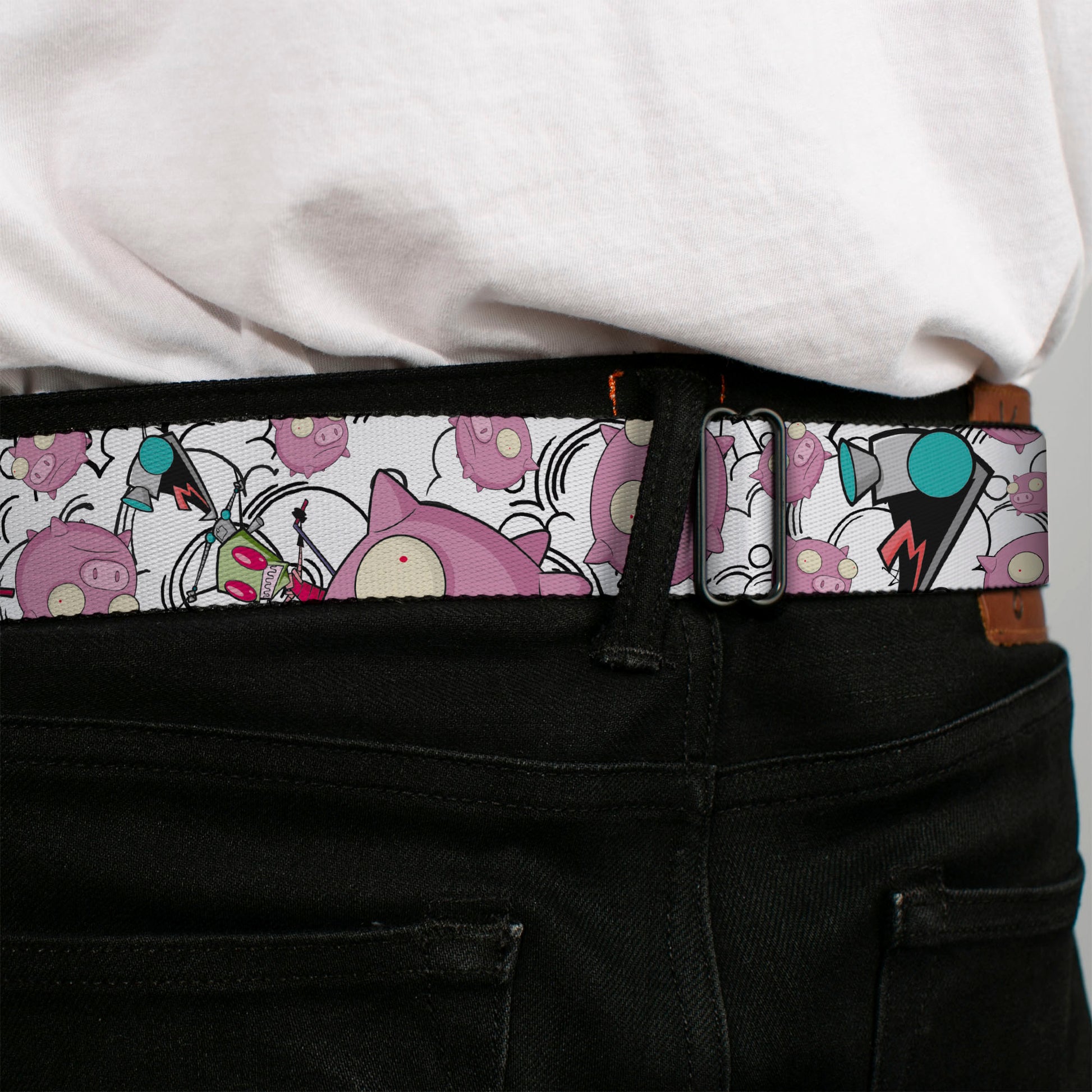 INVADER ZIM Title Logo Full Color Pink/Green Seatbelt Belt - Invader Zim GIR and Piggy Doddles White/Black Webbing Seatbelt Belts Invader Zim