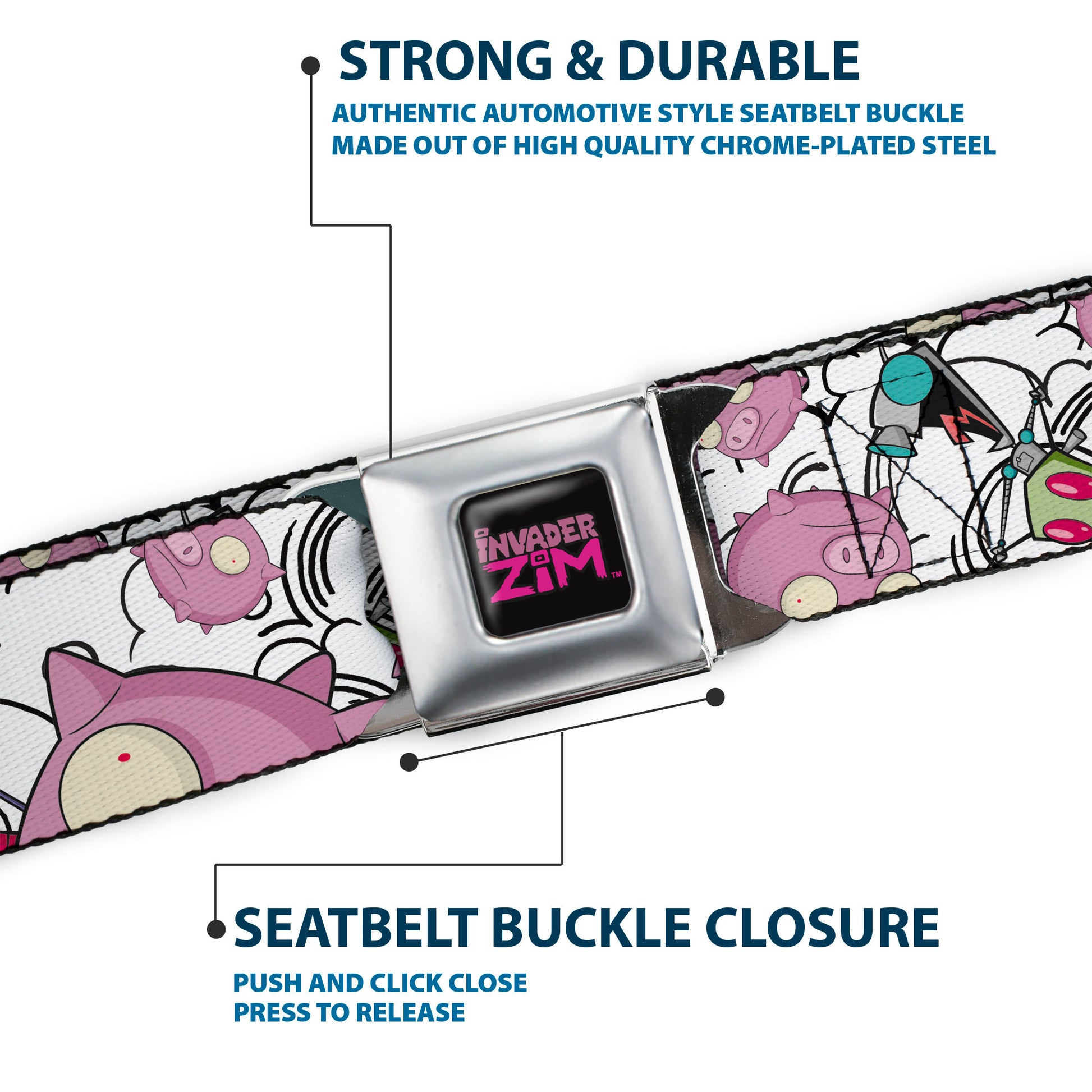 INVADER ZIM Title Logo Full Color Pink/Green Seatbelt Belt - Invader Zim GIR and Piggy Doddles White/Black Webbing Seatbelt Belts Invader Zim