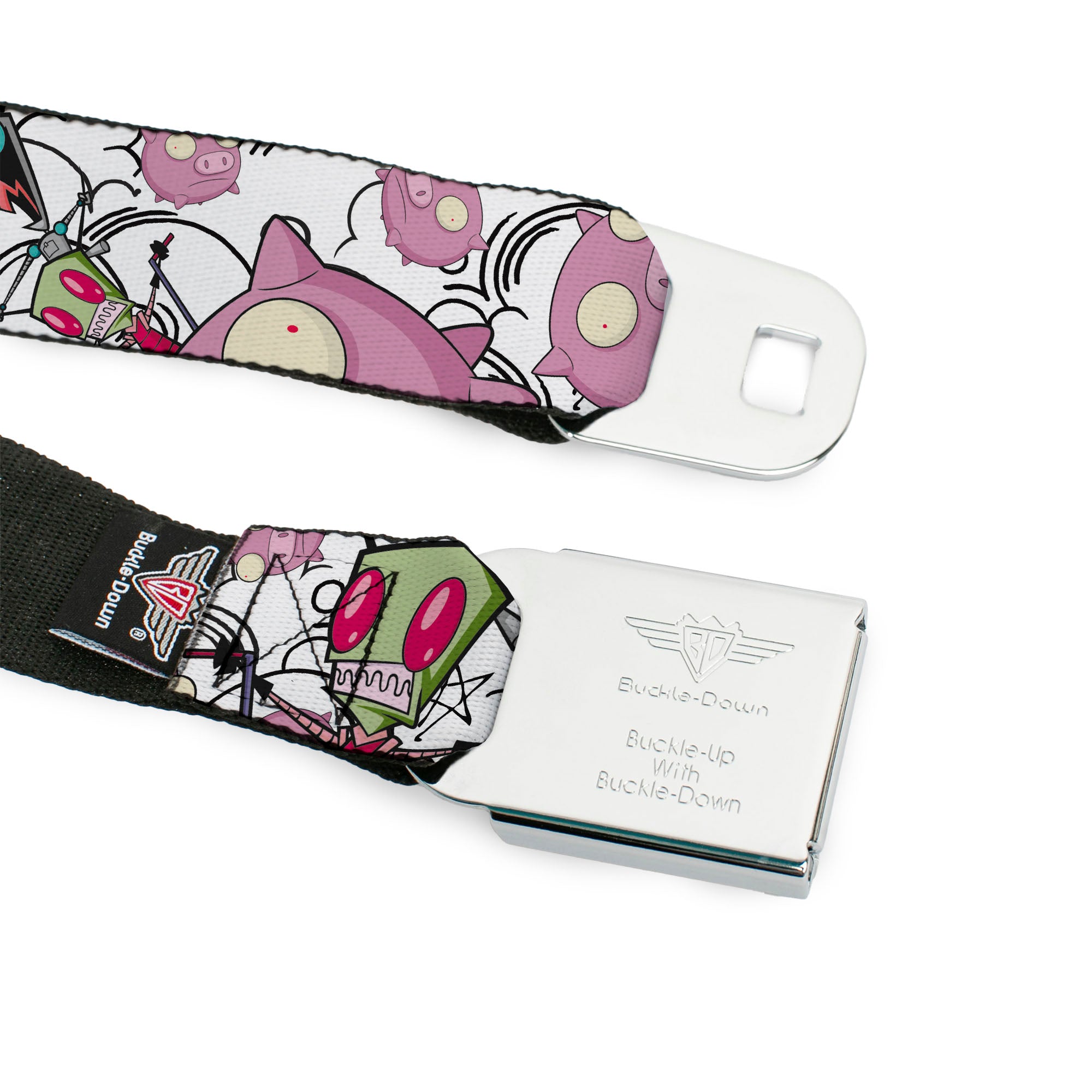 INVADER ZIM Title Logo Full Color Pink/Green Seatbelt Belt - Invader Zim GIR and Piggy Doddles White/Black Webbing Seatbelt Belts Invader Zim