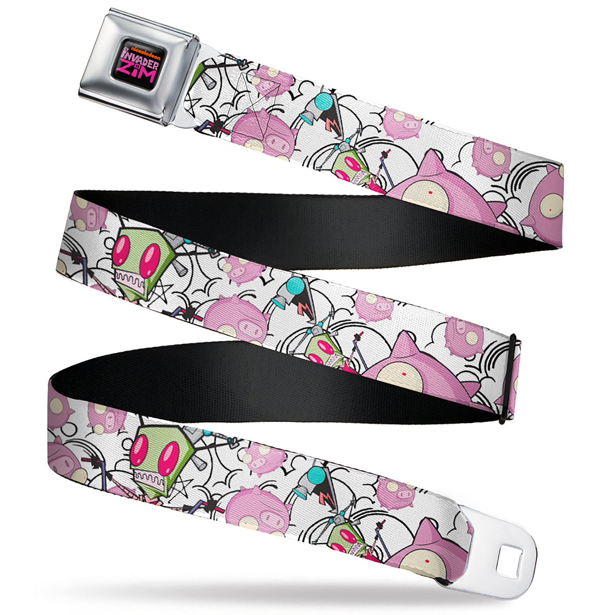 INVADER ZIM Title Logo Full Color Pink/Green Seatbelt Belt - Invader Zim GIR and Piggy Doddles White/Black Webbing Seatbelt Belts Invader Zim