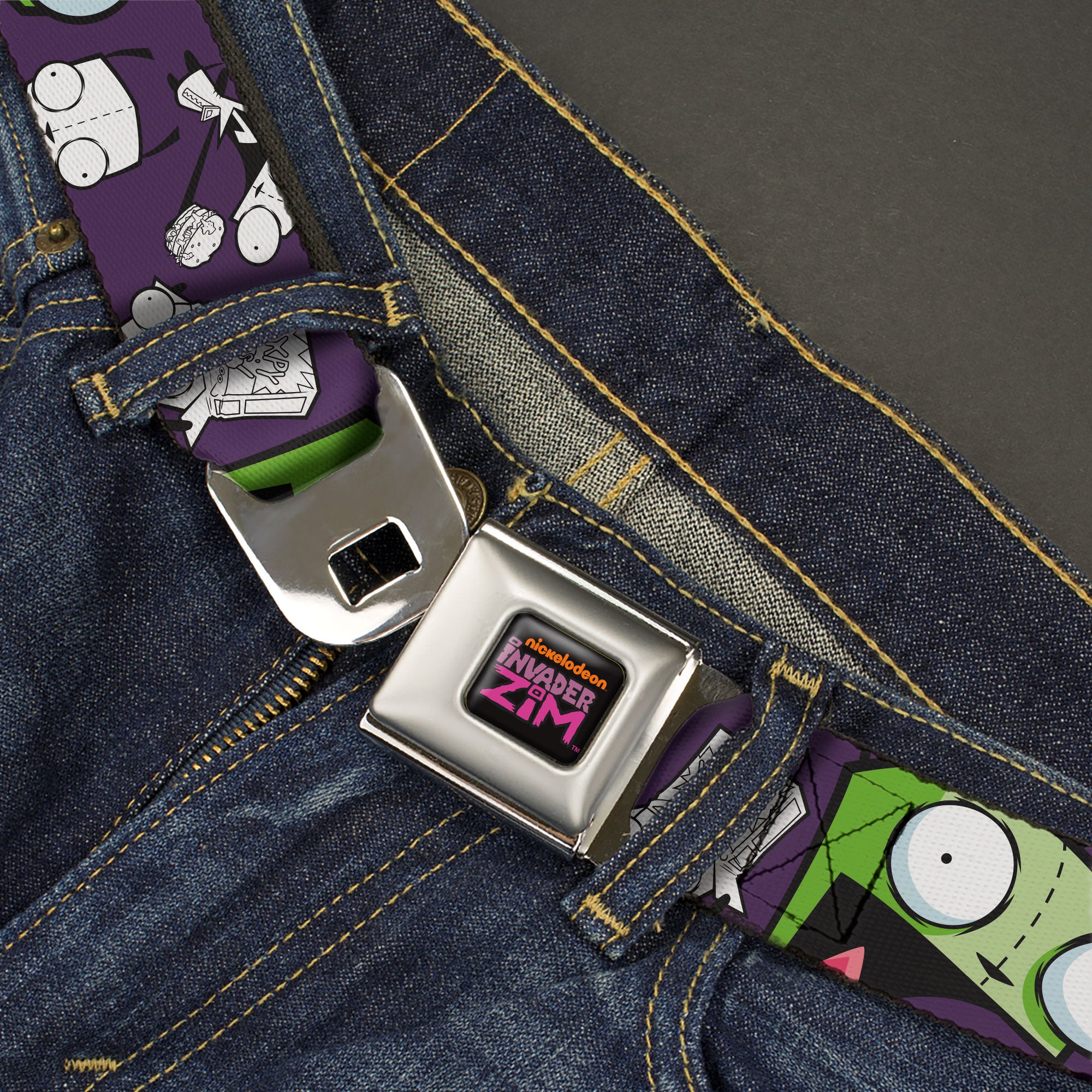 INVADER ZIM Title Logo Full Color Pink/Green Seatbelt Belt - Invader Zim GIR Poses and Sketch Purple Webbing Seatbelt Belts Invader Zim