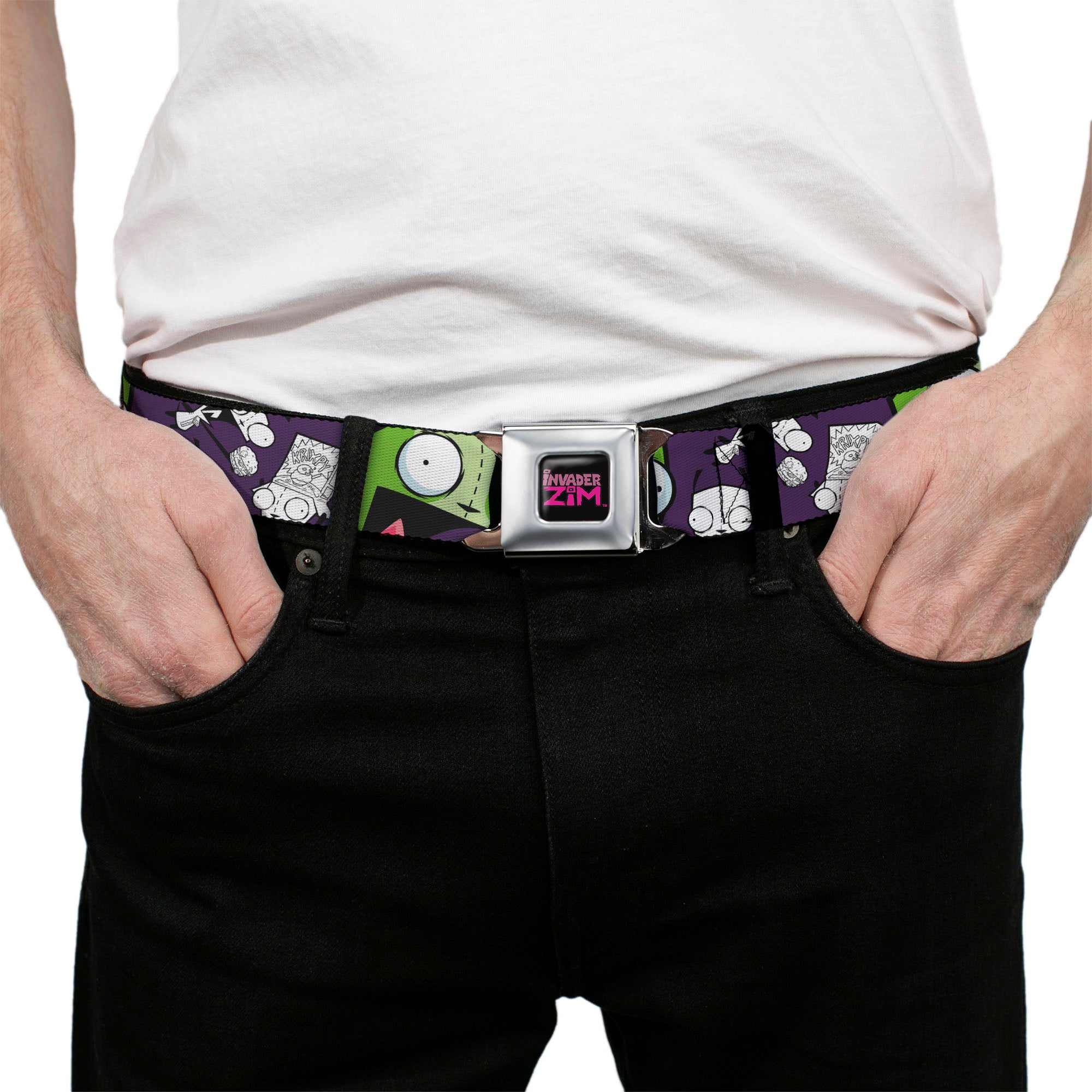 INVADER ZIM Title Logo Full Color Pink/Green Seatbelt Belt - Invader Zim GIR Poses and Sketch Purple Webbing Seatbelt Belts Invader Zim