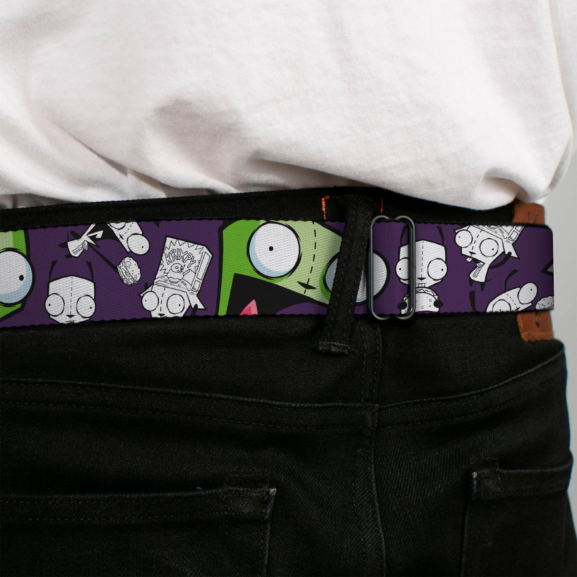 INVADER ZIM Title Logo Full Color Pink/Green Seatbelt Belt - Invader Zim GIR Poses and Sketch Purple Webbing Seatbelt Belts Invader Zim