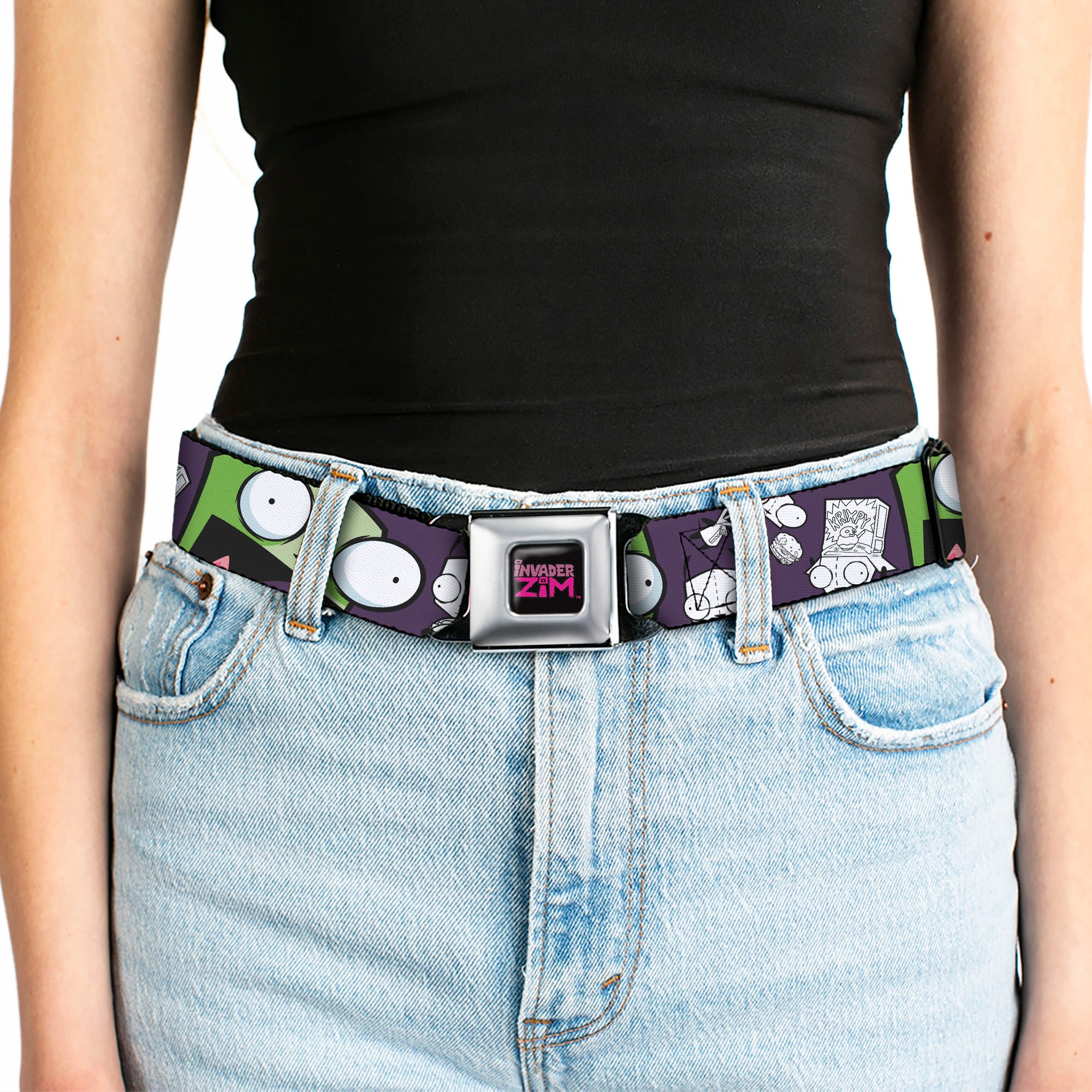 INVADER ZIM Title Logo Full Color Pink/Green Seatbelt Belt - Invader Zim GIR Poses and Sketch Purple Webbing Seatbelt Belts Invader Zim